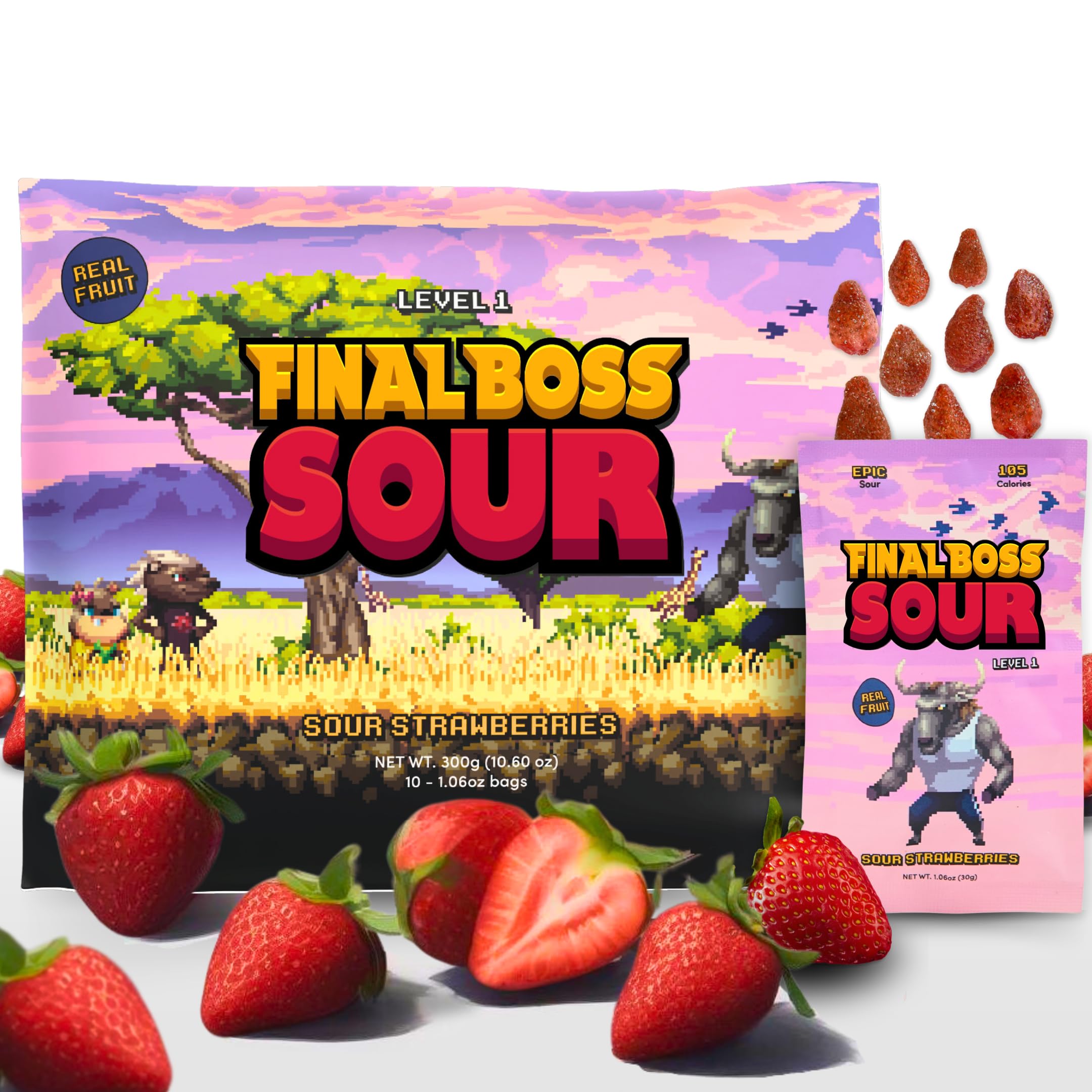 FINAL BOSSSour Candy, Sour Strawberries, 10 Pack, Level 1, Fruit Chews with Real Dried Fruit, No Artificial Colors or Flavors, Low Calorie Snack for Kids, Teens, Adults, Lunch Boxes & On The Go