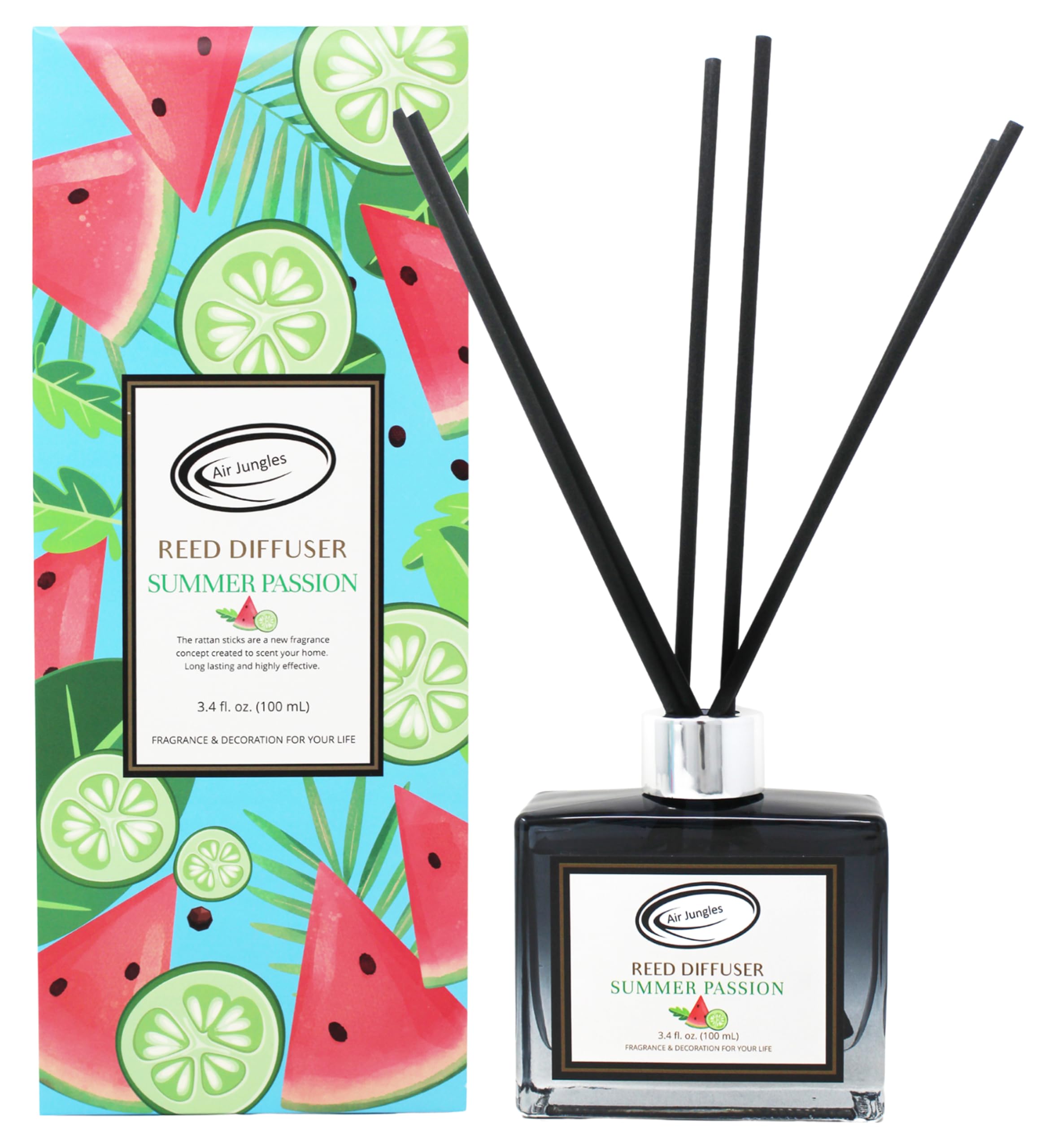 Air Jungles Summer Passion Fragrances Reed Diffuser Set with Sticks, Watermelon and Lime Scent Incense Oil, Air Freshener for Home, Office, Gym, and