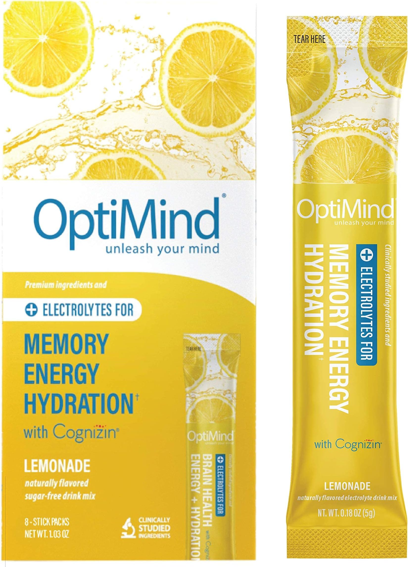 OptiMind Memory + Energy | Sugar-Free, Electrolyte Water Enhancer with Nootropics, Vitamins, & Energy | Memory, Energy, Hydration | Clean Caffeine | Natural Lemonade Water Flavoring | 8 Pack