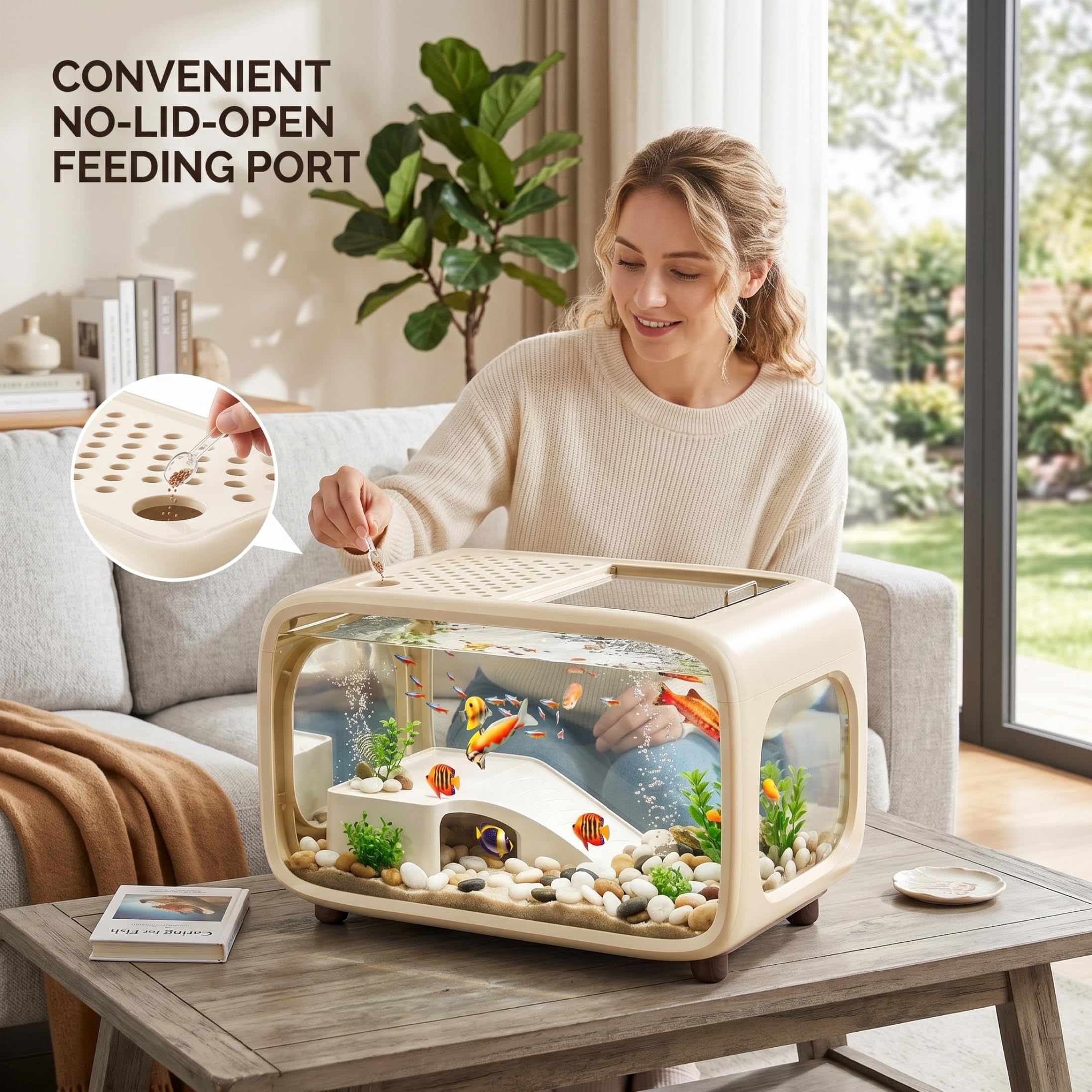 Pecera pequeña con Tapa y Orificio de alimentación, Acuario de Escritorio para pecera Betta con Marco para Escalar (Blanco Leche) Betta
