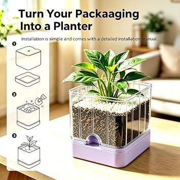 Smart Planter with App Control, Self-Watering AI Plant Pot with LCD Display, Desk Plant Flower Pot Companion for 50+ Plants Pet Planter with Pomodoro Timer,80ml Reservoir,Calendar (Purple)