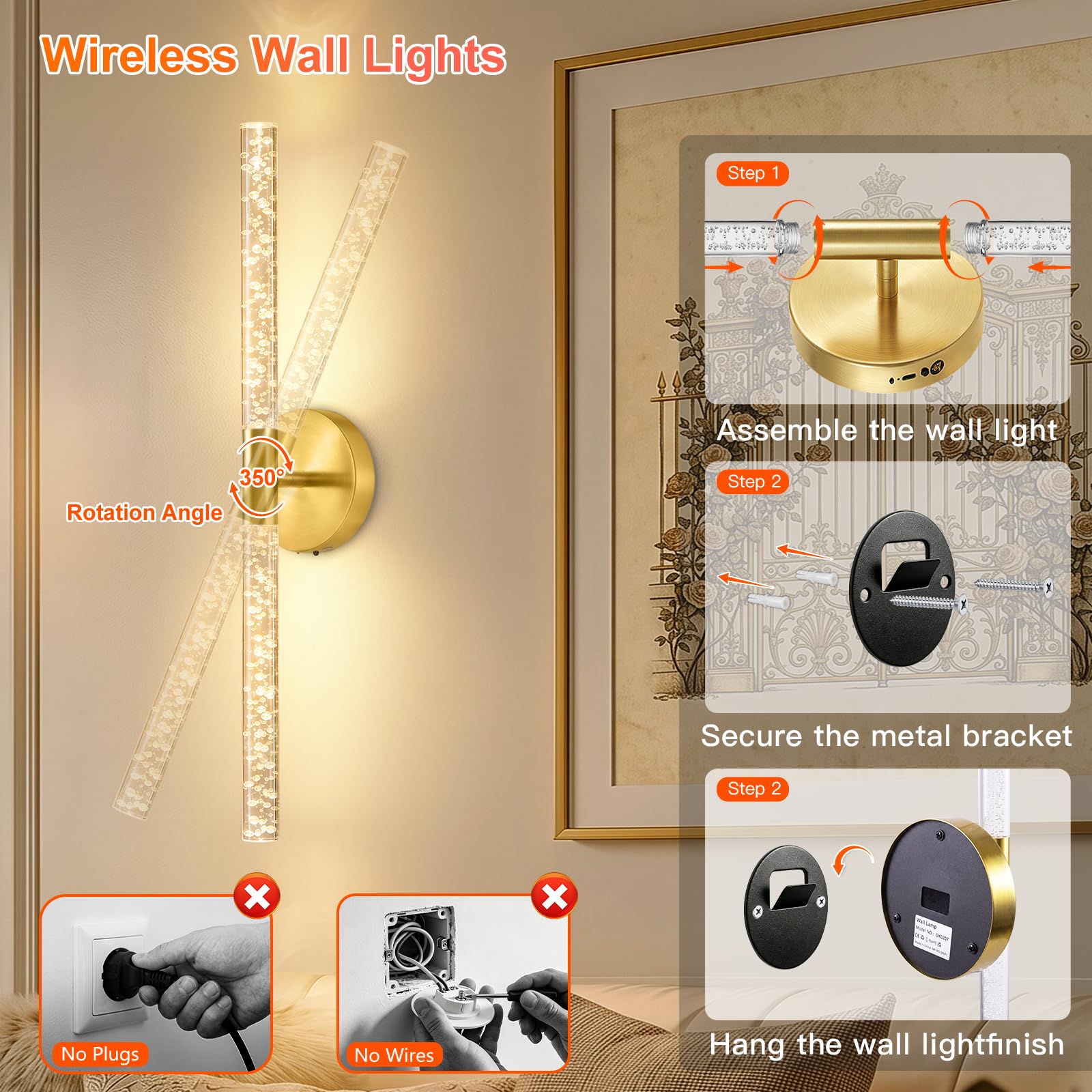 Ketom LED Wandleuchte Innen Akku Gold, Wandlampe Innen Dimmbar, 2 Stück | Akku Wandlampe mit Fernbedienung und Timer, 3 Farbtemperaturen, Drehbar Lampe Wand Aufladbar, Wandbeleuchtung Schlafzimmer