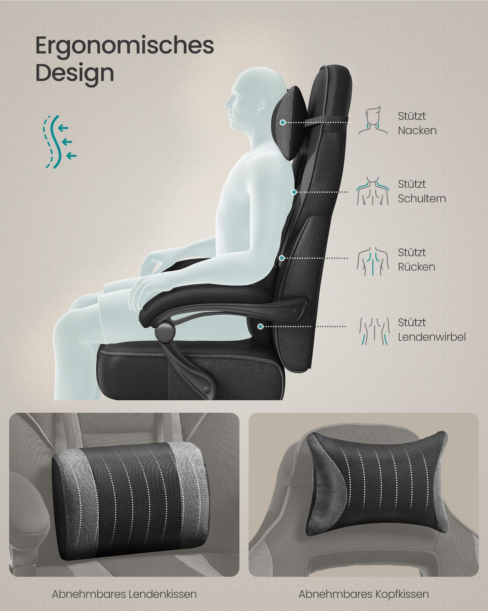 SONGMICS Gaming-Stuhl, Bürostuhl mit Fußstütze, Schreibtischstuhl mit Kopfstütze und Lendenkissen, höhenverstellbar, ergonomisch, bis 150 kg belastbar, tintenschwarz-schiefergrau OBG073BH20