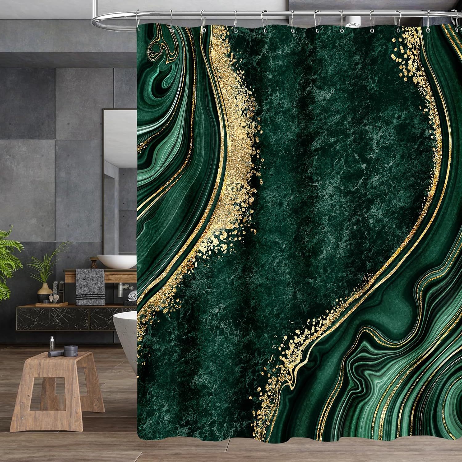 4PCS Emerald Green Gold Marble Shower Curtain Sets with Rugs, Abstract Bathroom Sets with Shower Curtain and Rugs, Bathroom Curtains Shower Set with Toilet Lid Cover for Bathroom Decor