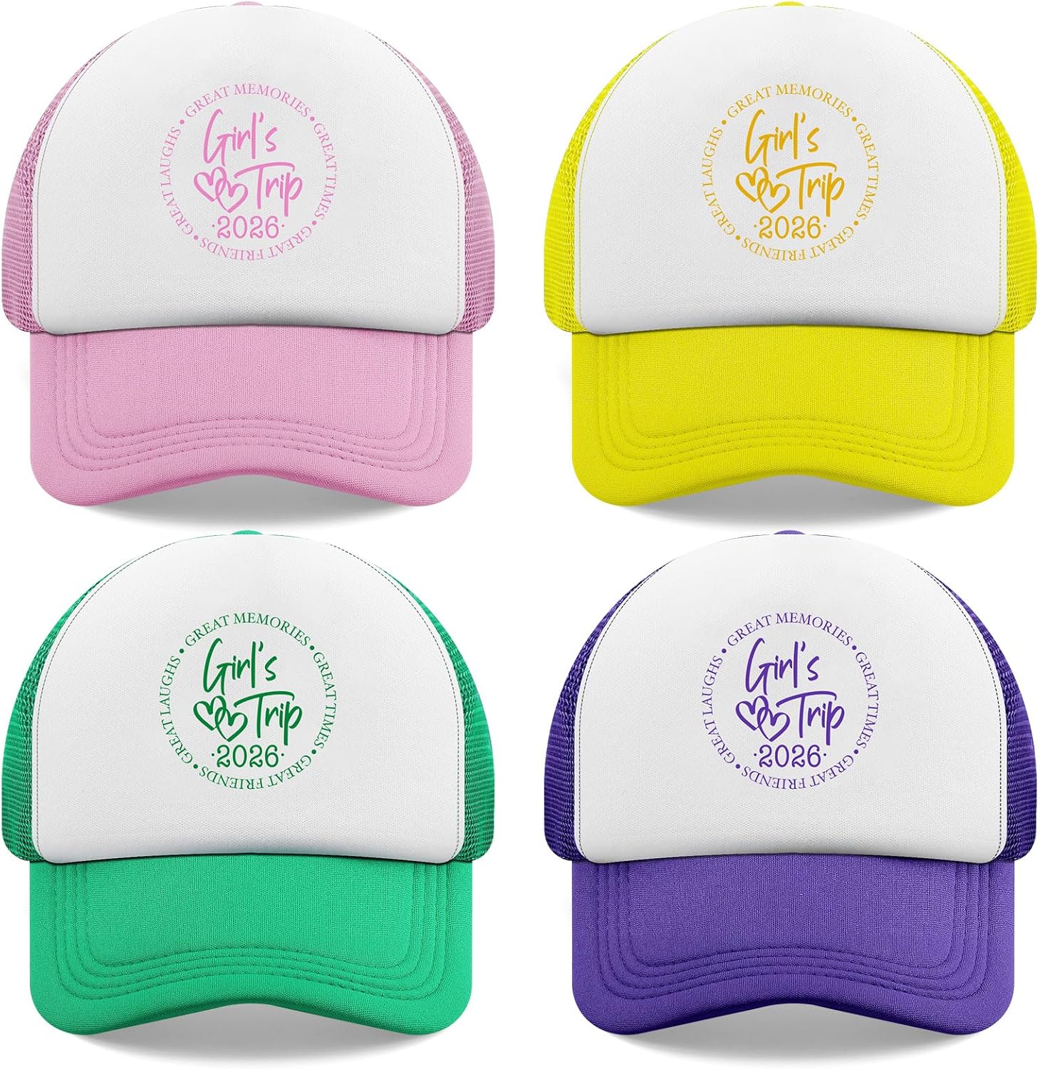 Twistover 4 Pcs Girls Trip 2026 Hat for Women Girls Trip Gifts Favors Baseball Cap Adjustable Trucker Hat for Weekend Sisters Bestie Bachelorette Party Favors Colorful