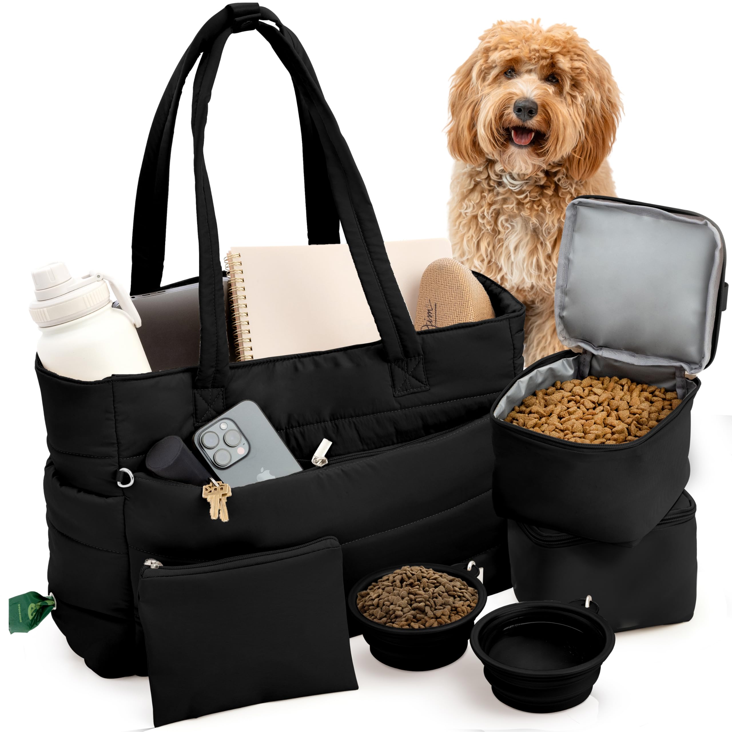 rubyloo Puffer Dog Travel Bag for Dog Moms – Doggy Diaper Bag with Pet Bowls & Food Storage or Everyday Puffy Tote – Doggy Mom Gifts for Women –
