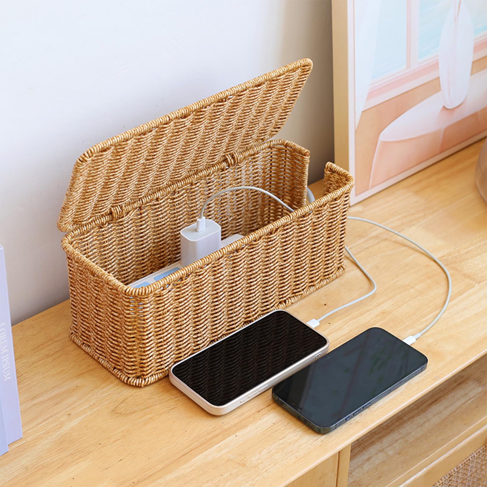 Wnvivi Cable Management Box,Imitation Rattan Woven Cord Organizer Box with Lid,Cord Power Stripe Box for Power Cords,Phone Ghargers (A)