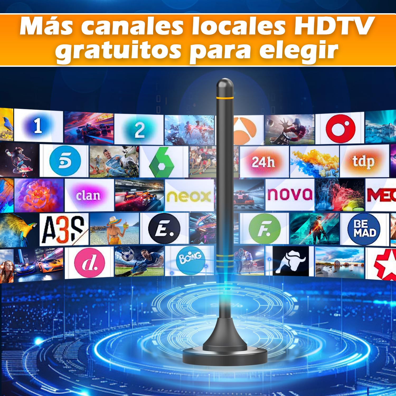 Antena TV Interior HD – Recepción 360°, Antena TDT Potente para Canales 4K/1080p, Base Magnética Estable, Fácil Instalación, Compatible con DVB-T2/DVB-T, Canales Gratis sin Cable