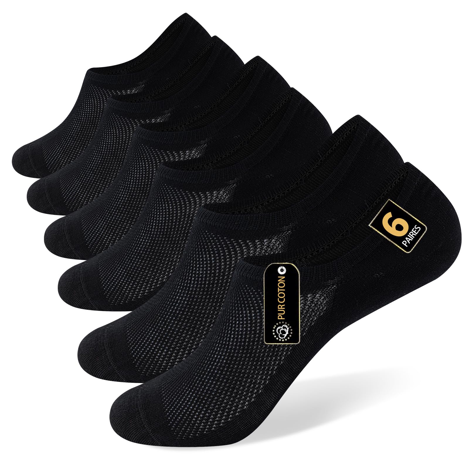 6 Paires Chaussettes Invisibles Homme 100% Coton (touché) Maille Respirante Anti-Odeur Sans Couture Semelle Antidérapante