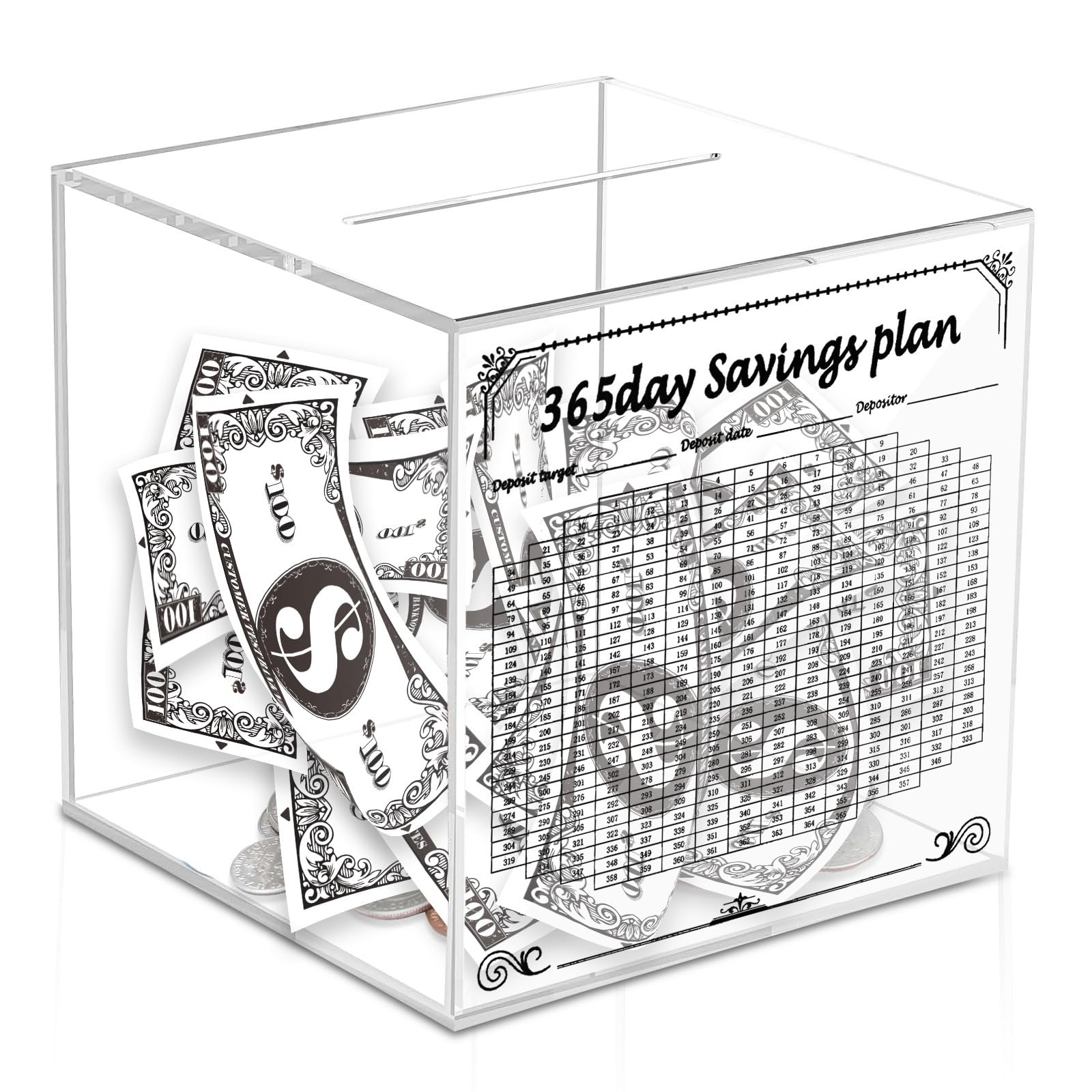 365 Day Saving Money Banks for Adults Kids Clear Money Organizers Box with Counter Targets Saving Challenge Coin Banks Fixed Amount Deposit Jar