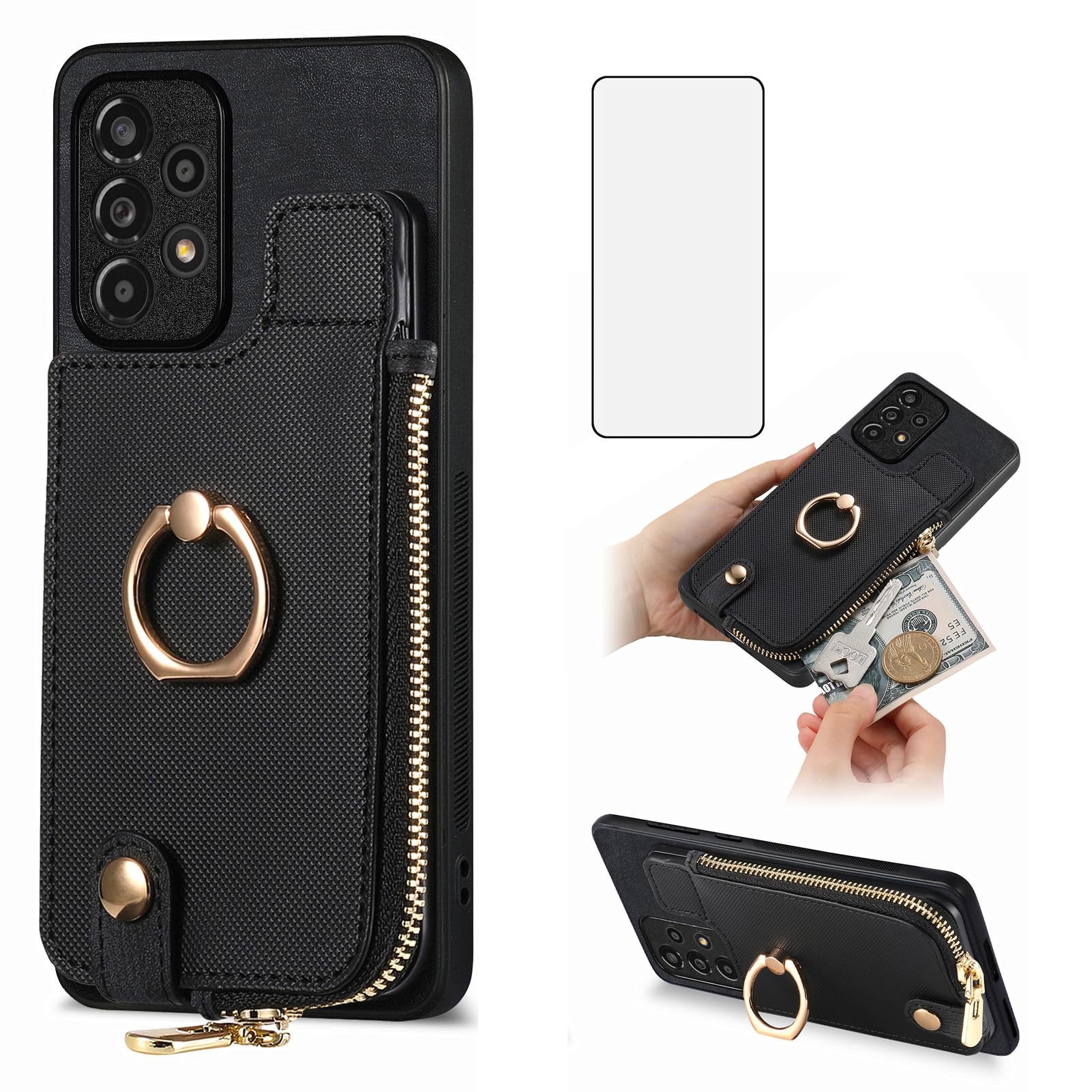 Asuwish Phone Case for Samsung Galaxy A53 5G Wallet Cell Cover with Tempered Glass Screen Protector Ring Stand Card Holder A 53 G5 53A SM A536U 6.5" 2022 Women Men Girls Black