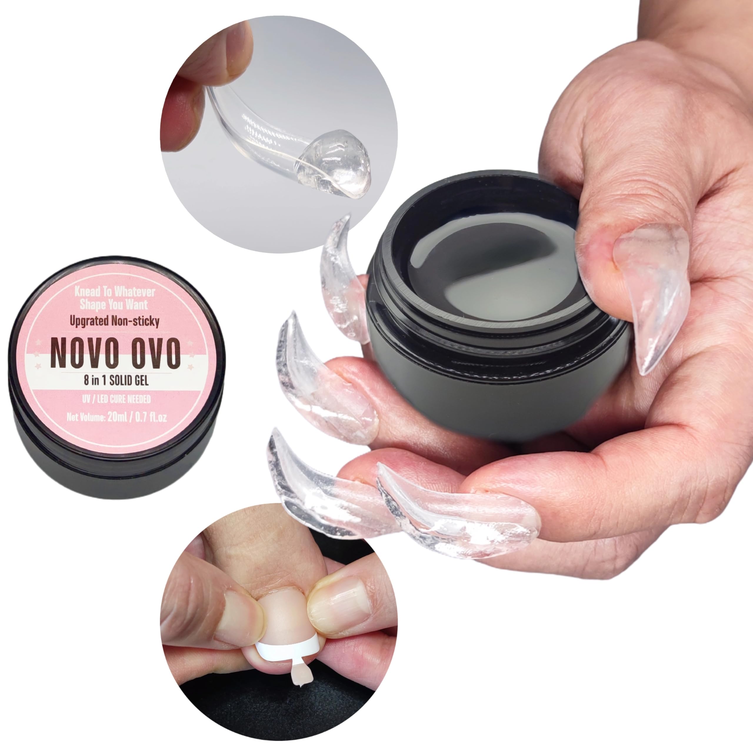 NOVO OVONon-Sticky Solid Nail UV Gel Glue for Press on and Soft Gel x False Nail Tips 8 in 1, Strong & Long Lasting Nail Glue, Upgrade 3D Gel for Acrylic Sculpture & Decoration, UV Light Cured 30ml