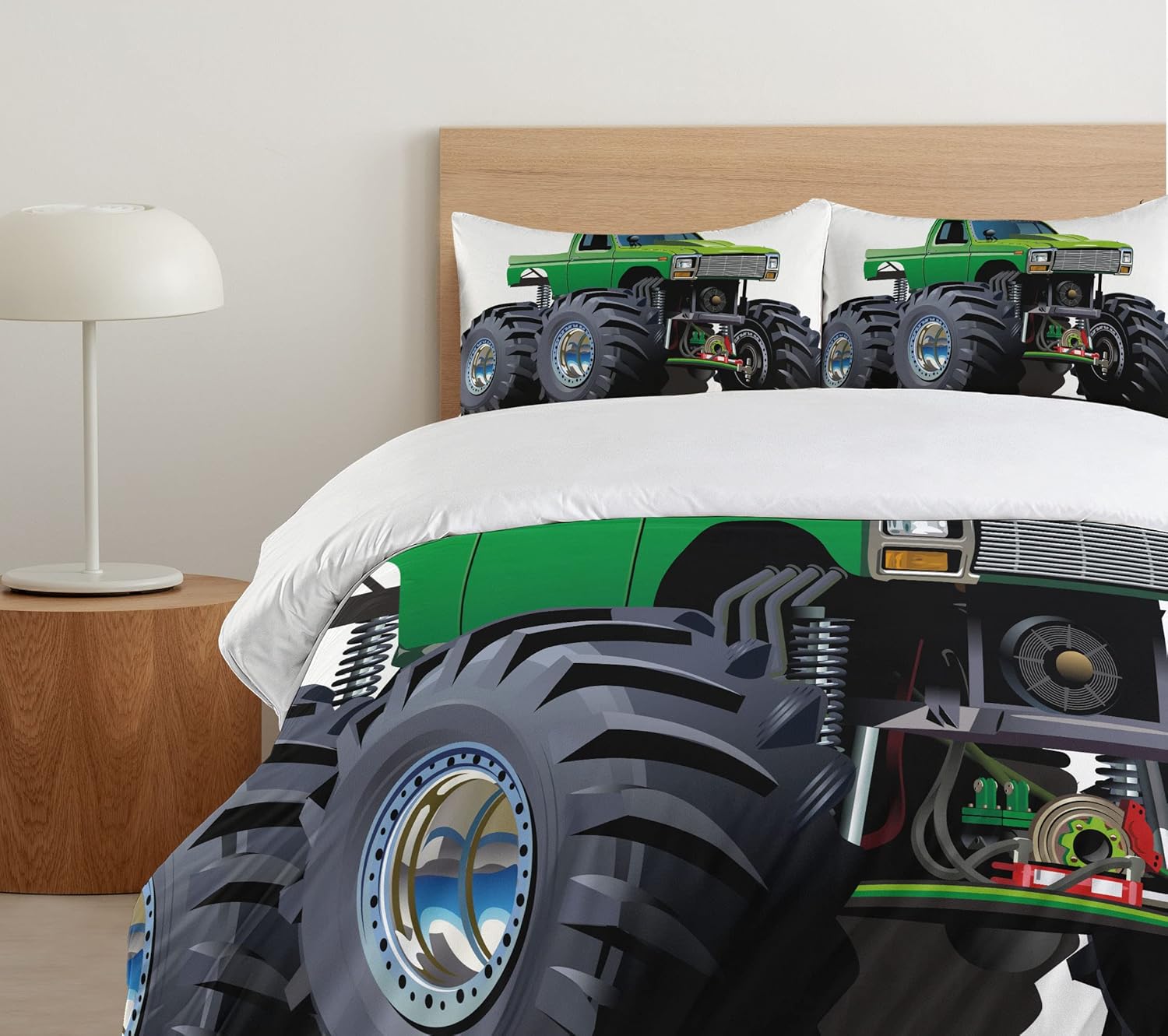 Ambesonne Cars Duvet Cover Set, Giant Monster Pickup Truck Large Tires and Suspension Extreme Biggest Wheel Print, Decorative 3 Piece Bedding Set with 2 Pillow Shams, Queen Size, Green Grey Queen Green Grey
