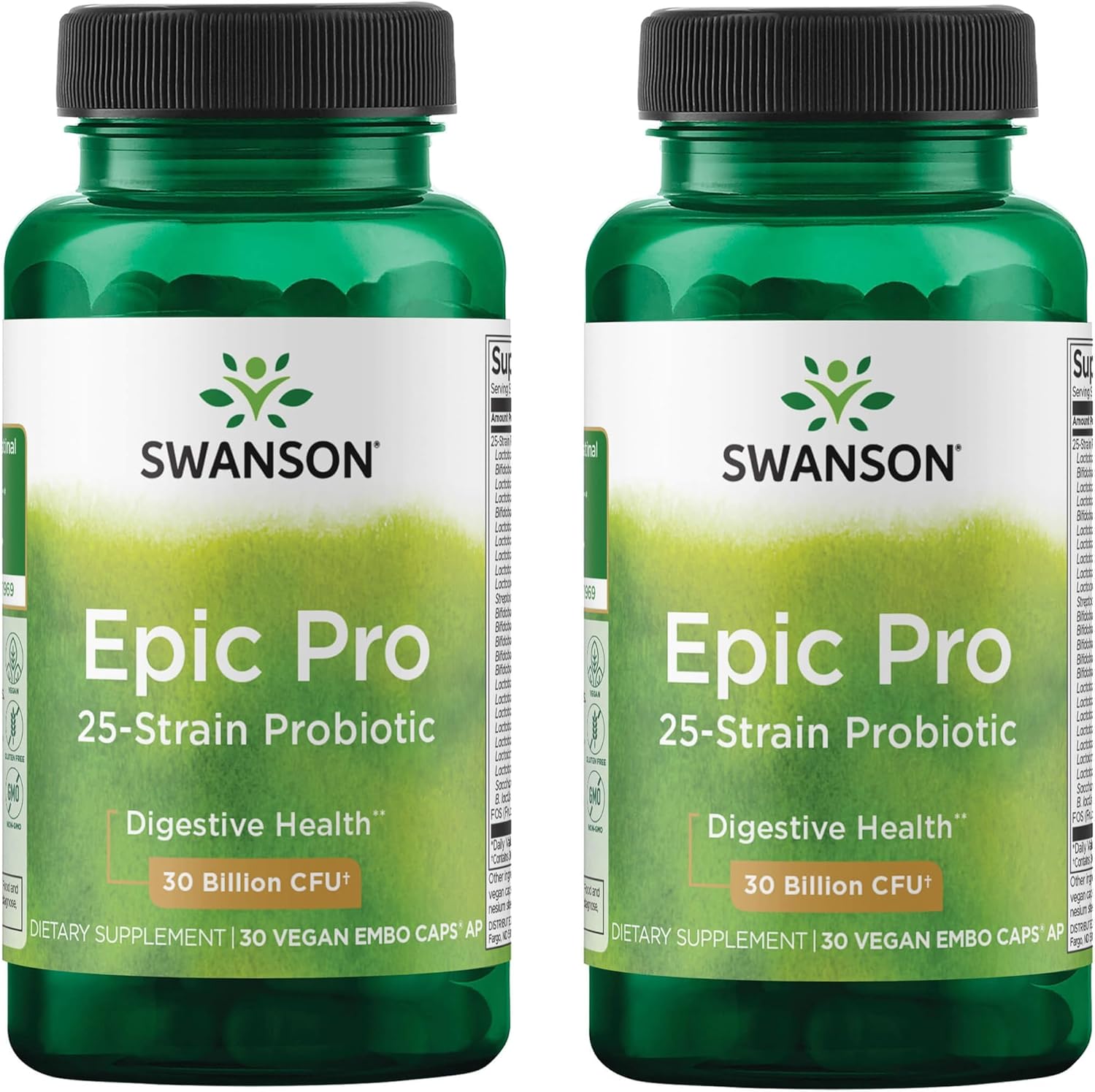 Swanson Epic-Pro 25-Strain Probiotic with Prebiotic FOS for Gut-Health-Conscious Adults Seeking Comprehensive Digestive and Immune Support - 30 Billion CFU (30 Vegan DRcaps, 2 Pack)