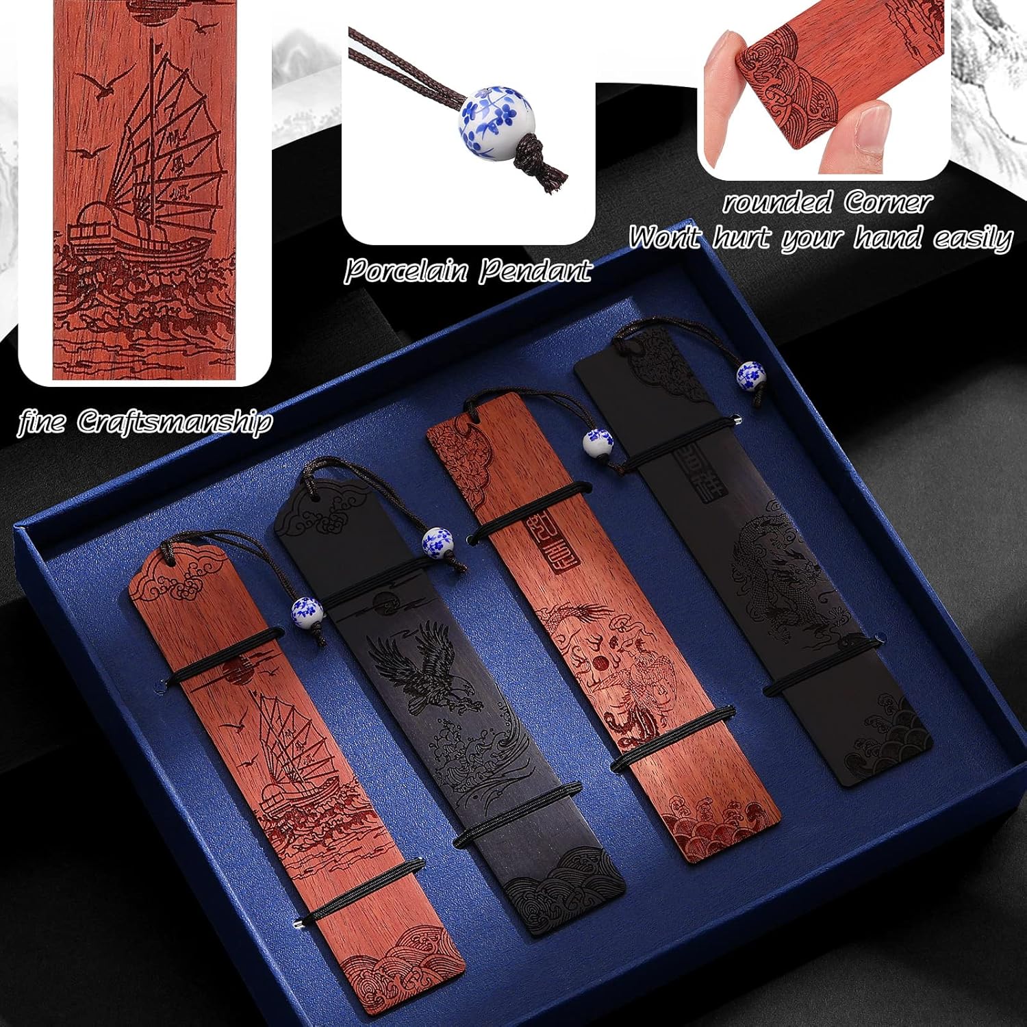 Outus 4 Pieces Wooden Bookmarks for Men Women Employee Appreciation Gifts Valentine's Day Gifts for Men Vintage Handmade Bookmarks Natural Wood Carving for Book Lovers Birthday(Elegant Style) - Image 6