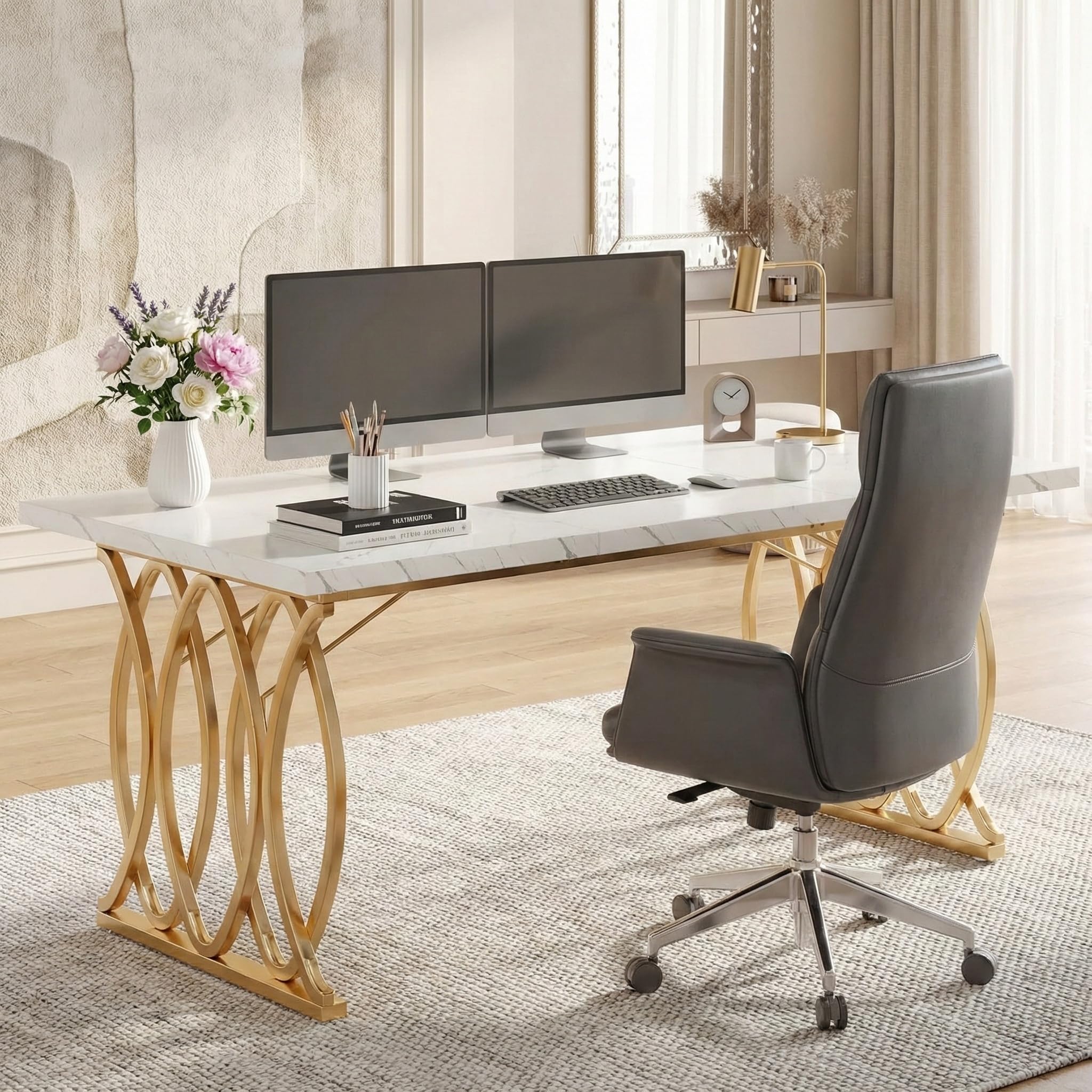 Lailang 160cm Scrivania Per Pc E Stampante, Tavolo Ufficio Riunioni, Mobili Ufficio Moderni, Scrivania Gaming Bianca, Arredamento Casa, Tavolo Legno, 160 x 80 x 75 cm, Oro