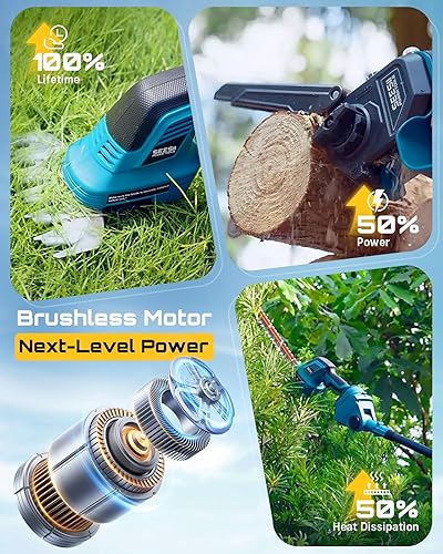 Miniatura 4 de SEESII Kit combinado de sierra de poste inalámbrica 6 en 1 y recortadora de setos, mini motosierra eléctrica con 2 baterías de 4.0 Ah, podadora