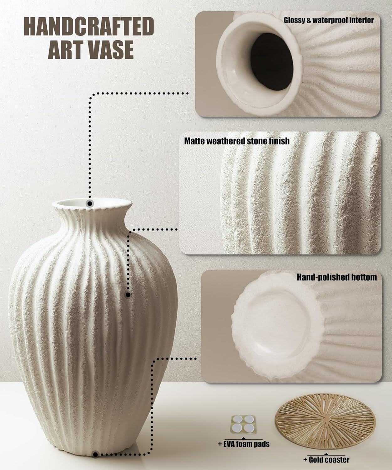 Handmade Ceramic Decorative Vase – Warm White Rustic Textured 10.4” Round Vase with Irregular Waves and Weathered Stone Finish for Home, Office, Farmhouse Decor - Image 4