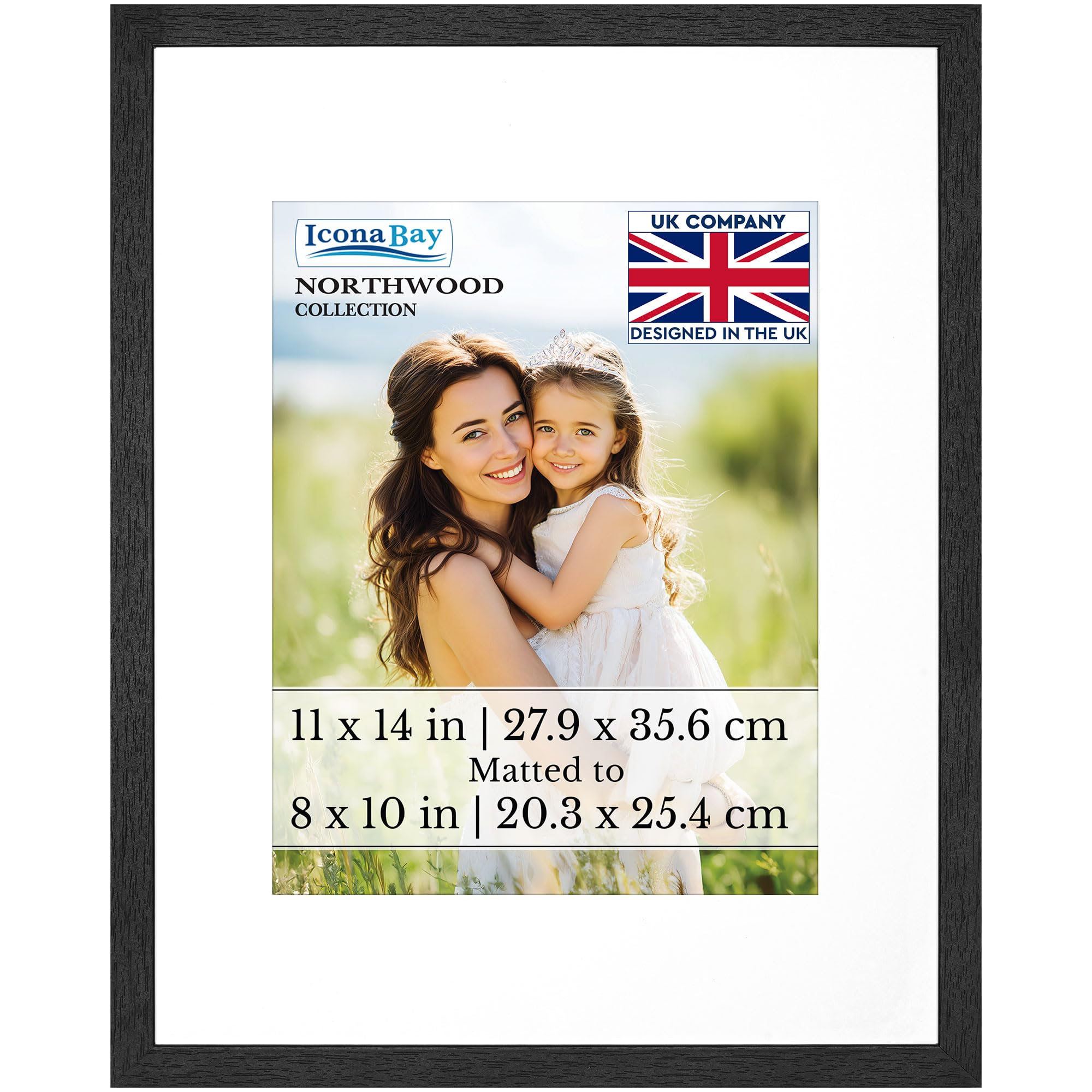 Icona Bay - 14x11 Photo Frame with Removable Mat for 10x8 Pictures - Black Balsam - Modern Wood Grain Style with Shatterproof Cover Sheet - Tabletop/Wall Mount - Northwood Collection