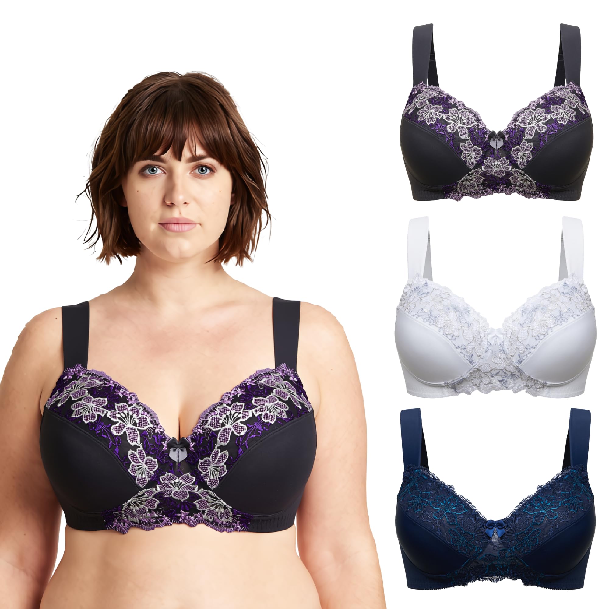 Curve Muse Übergröße Minimizer Ungefüttert Drahtloser BH mit Spitzenstickerei-3er Pack
