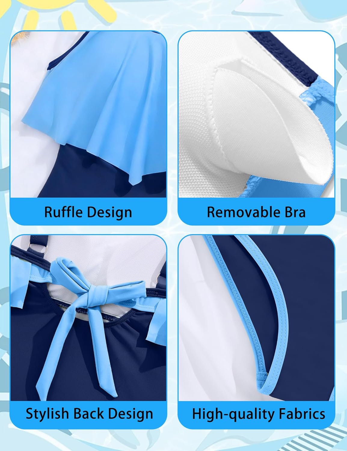 Girls Swimsuit Color Block One Piece Bathing Suits Ruffle Swim Suit Adjustable Strap Girls' Swimwear 7-16Y