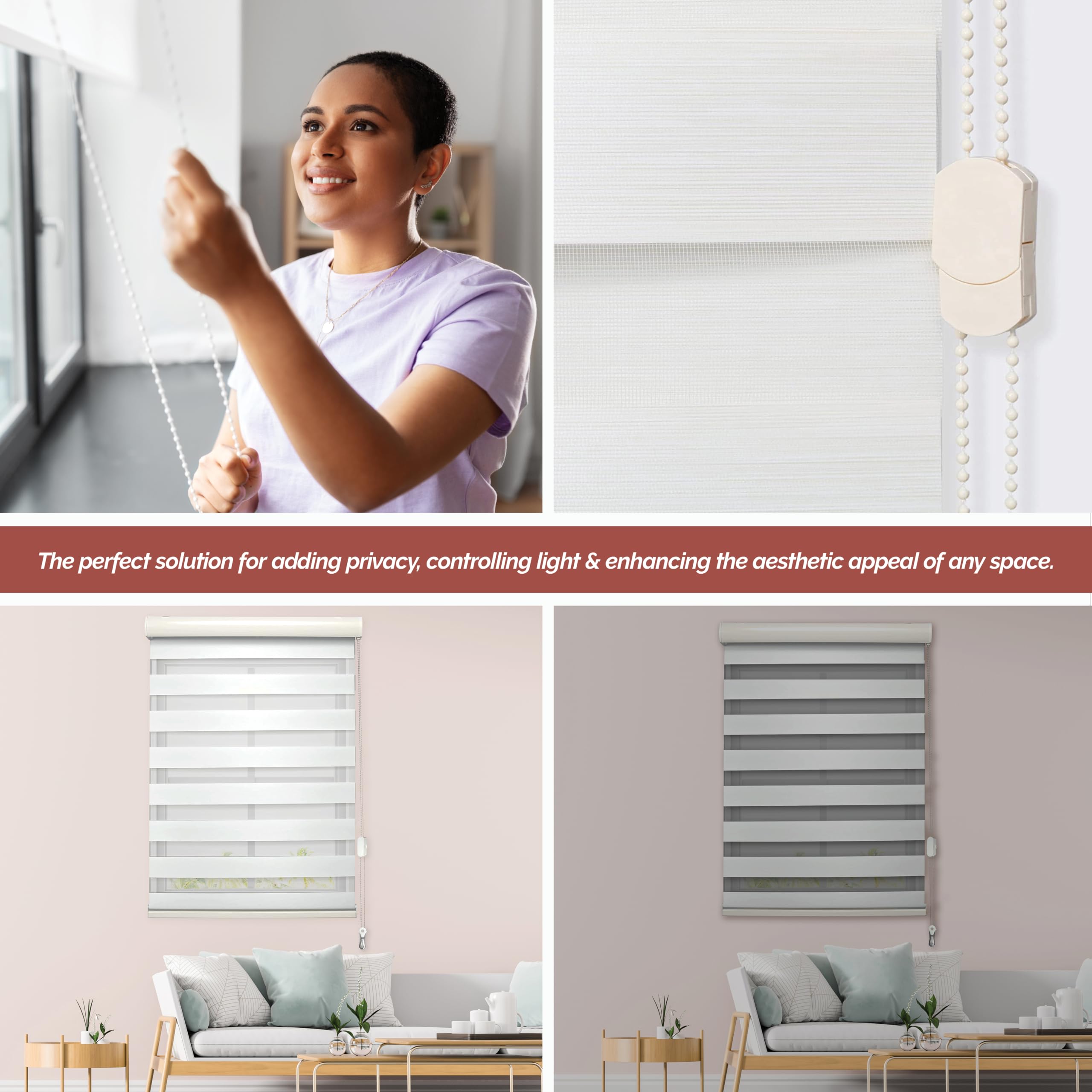 Persianas tipo cebra, tratamientos de ventana de doble capa transparente, control de luz de privacidad, tiras de tirar, cortinas enrollables para ventana de día y noche (34 pulgadas de 9