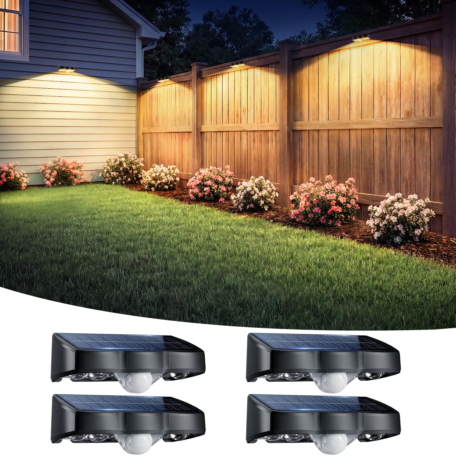 nibuuecer Solar Lights Outdoor Garden, 4 Pack Warm White 3000K Solar Fence Lights with 3 Modes Motion Sensor IP65 Waterproof Dusk to Dawn Garden Lights for Wall Patio Deck Backyard Garden Decorative