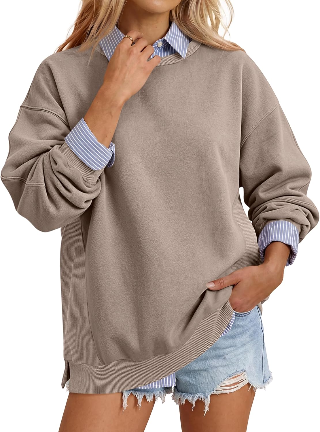 ANRABESS Womens Oversized Long Sleeve Crewneck Sweatshirts | Comfy Hoodies，Side Slits Pullover Top, Loose Fit, Casual Fall Outfits 2026, Teen Girls Y2k Clothing for Layering