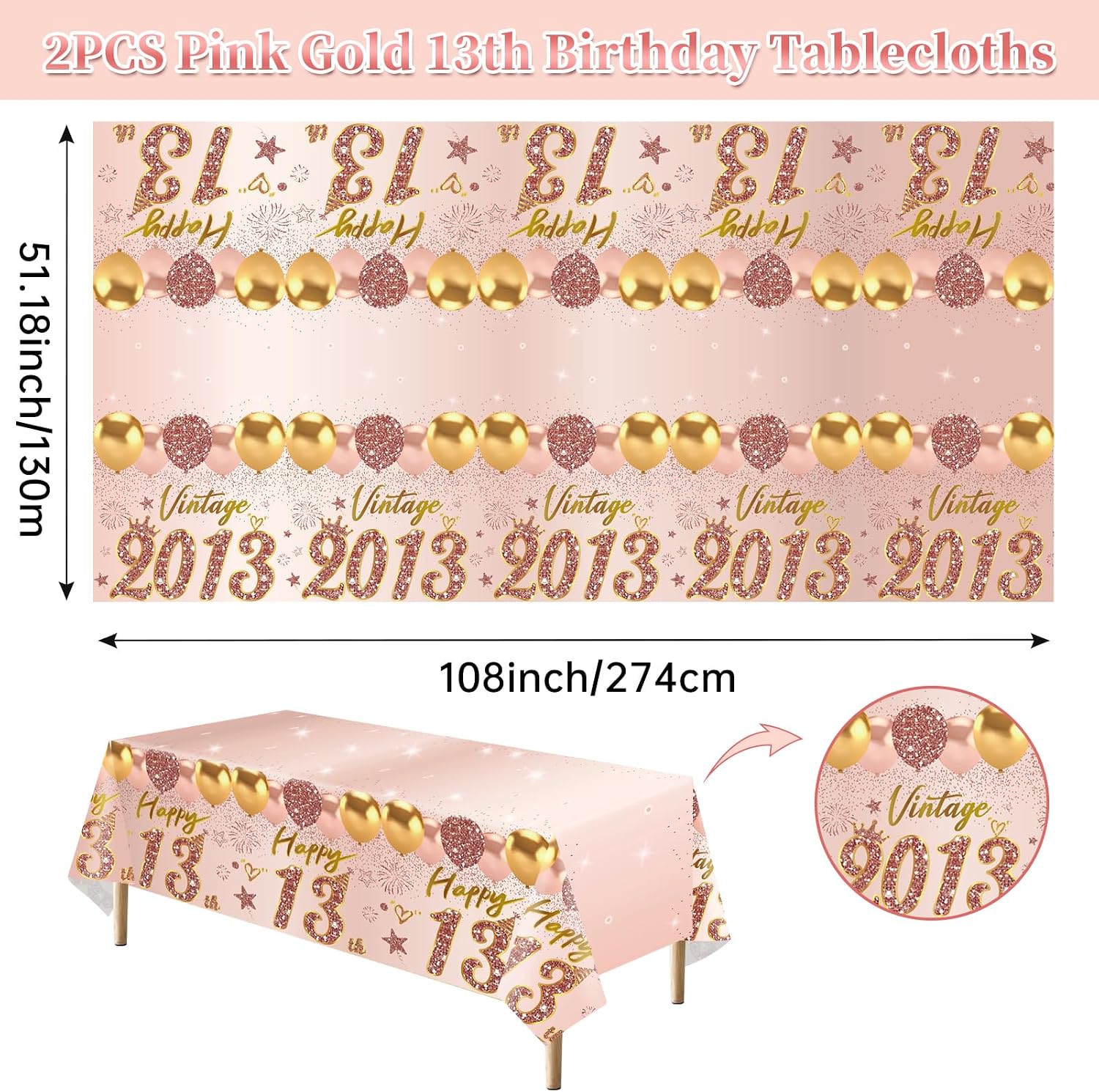 Uiorgui 2pcs 13th Birthday Tablecloth, Pink Rose Gold 13th Birthday Decorations for Girls Vintage 2013 Table Cloth Plastic Rectangular Table Cover Happy 13 Anniversary Party Supplies