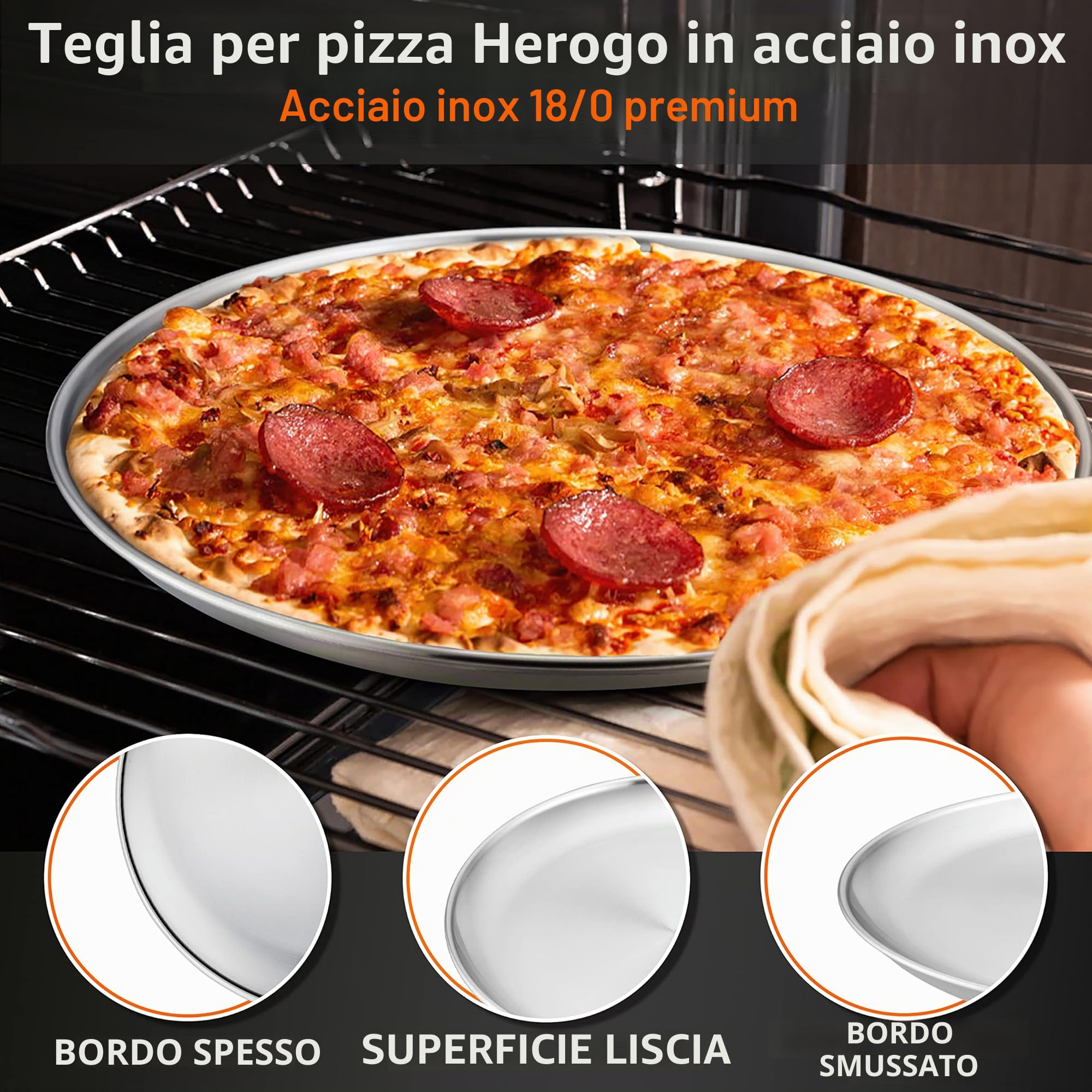 Herogo Set di 4 teglie per pizza, 26 cm, rotonde, in acciaio inox, per forno, cuocere, servire, arrostire, non tossiche e sane, durevoli e lavabili in lavastoviglie (metallo argento)