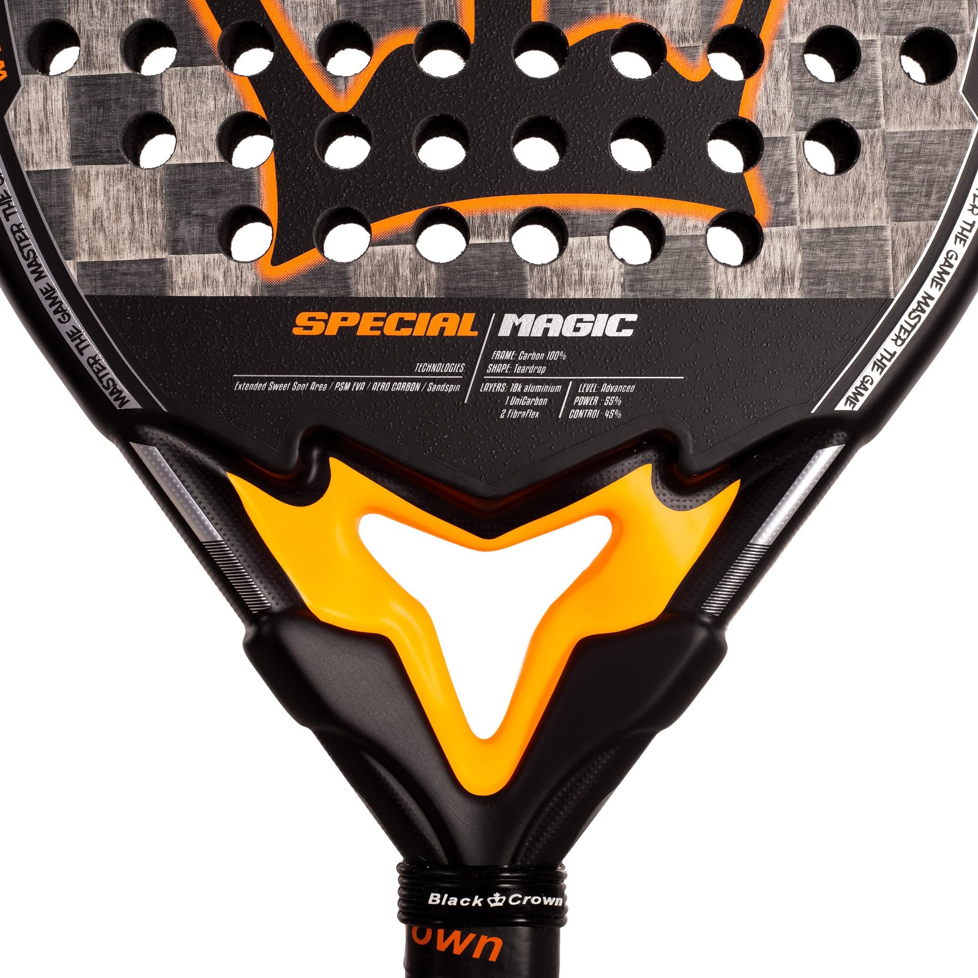 Black Crown - Special Magic Racchetta Padel, Forma a Goccia, Carbonio 18K Alluminizzato, Gomma PSM EVA, Doppio Tubolare 100% Carbonio, Controllo e Potenza, Finitura Sandspin