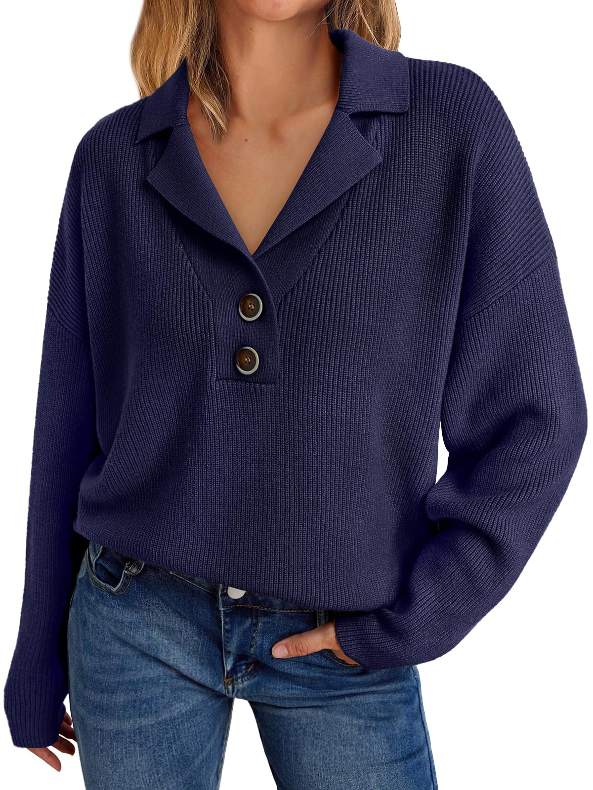 LILLUSORY Womens V Neck Pullover Sweaters Casual Cable Knit Chunky Warm Cute Tops with Collar Polo