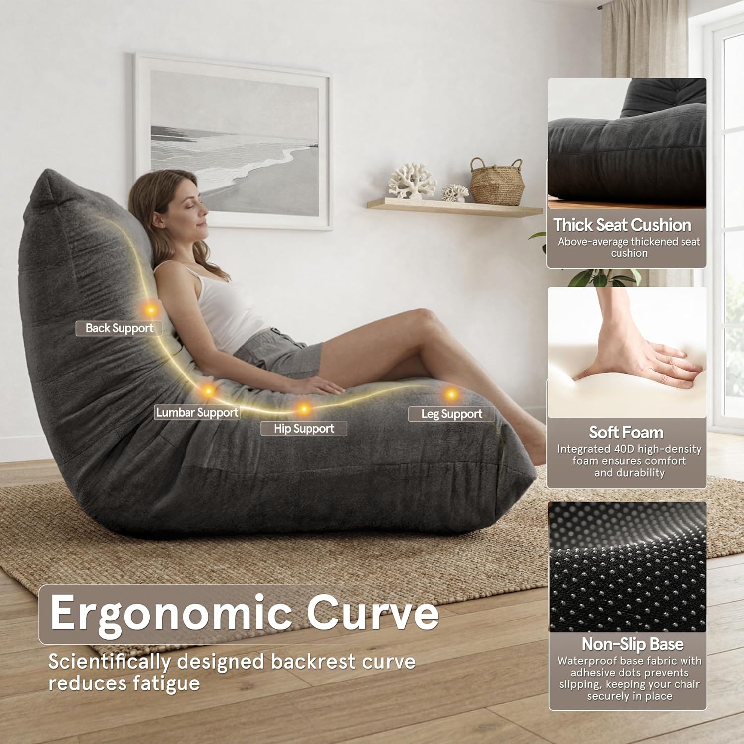 Sytopia Bean Bag Chair, Large Reading Chair for Adults Ultra-Comfy, Corner Sofa 40D Foam, Togo Sofa Furniture for Living Room Bedroom Gaming, Black Onyx - Image 4