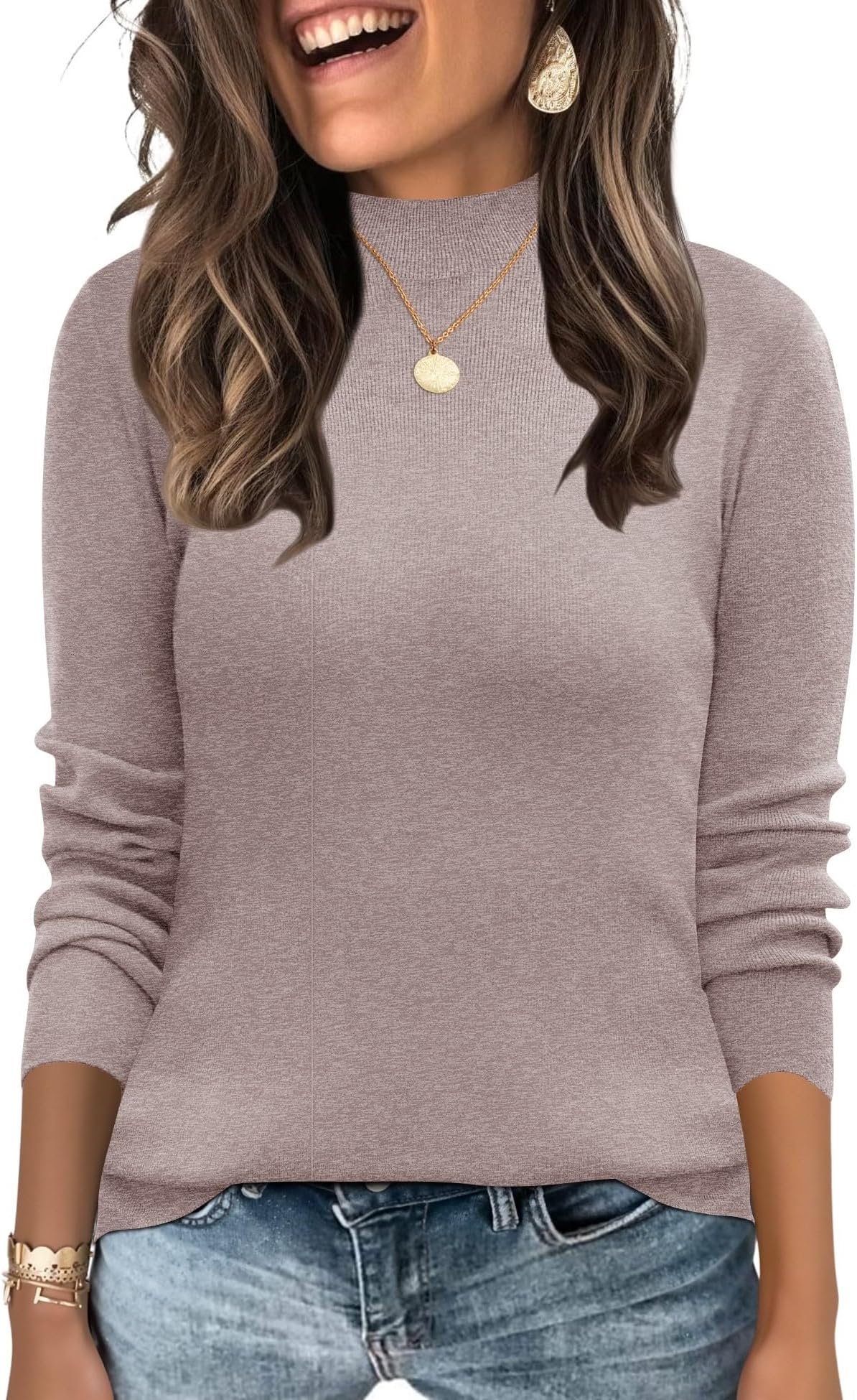 Mock Neck Tops for Women Long Sleeve Dressy Casual Lightweight Basic Knitted Pullover Sweater S-XL