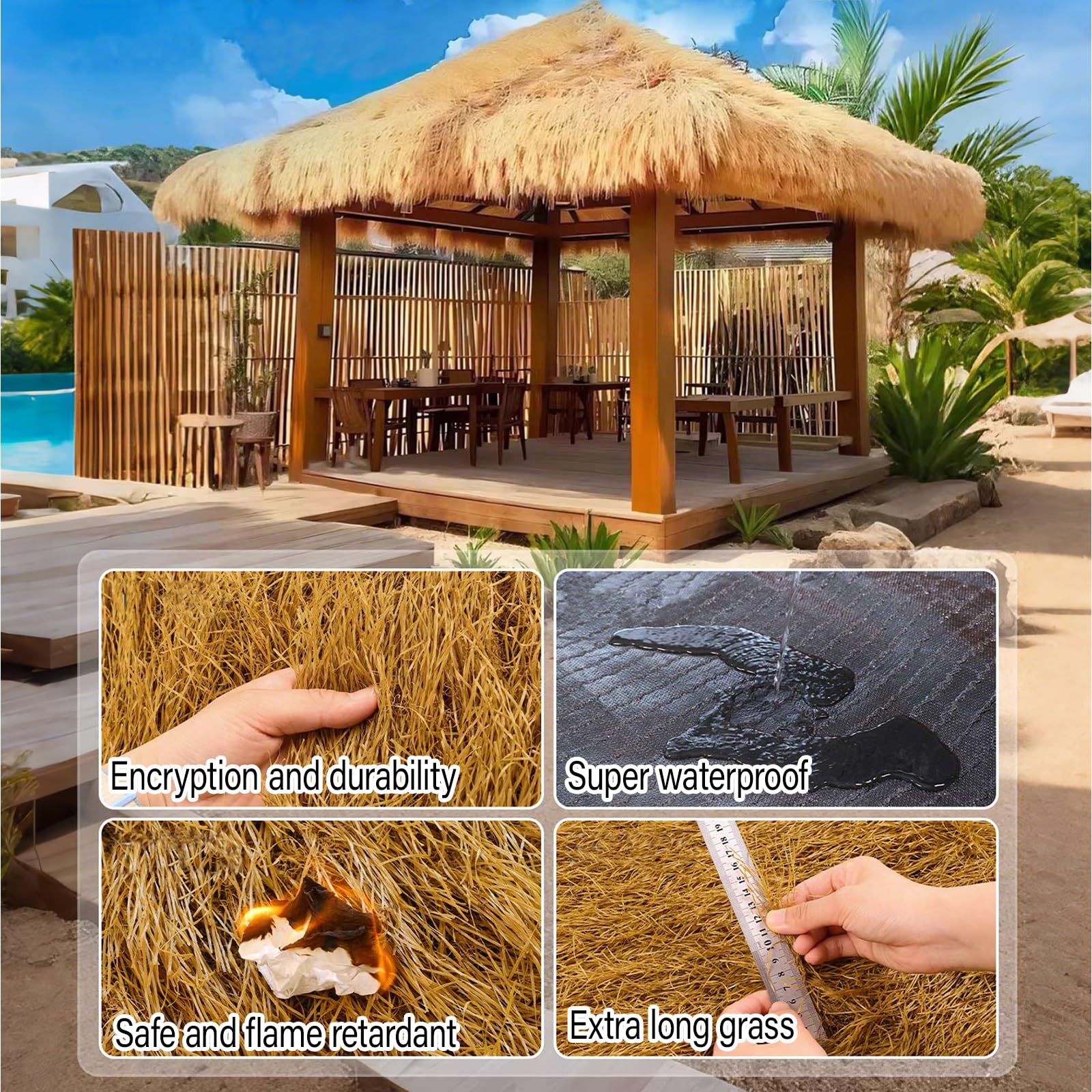 Generisch Synthetisches Strohdach, wasserdichte synthetische Strohdachrolle, gelbe mexikanische Palmgrasabdeckung für Hütte, Gartenparty, Zaundekoration (1x18m/39,4x708,7in)