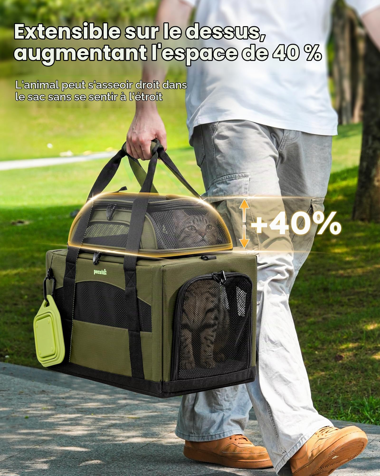 Pecute Caisse de Transport Chat et Chien Extensible, Pliable - Vert Armée | Extension Supérieure • Pliable & Respirant • Cadre Indéformable • Voyage & Vétérinaire • Pour Chats & Chiens
