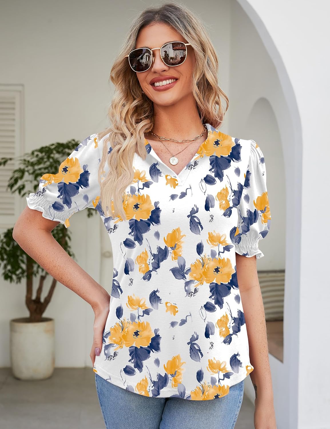 Micoson Womens Short Sleeve Polo T Shirts V Neck Casual Collared Tops Puff Sleeve Work Tunic Blouses