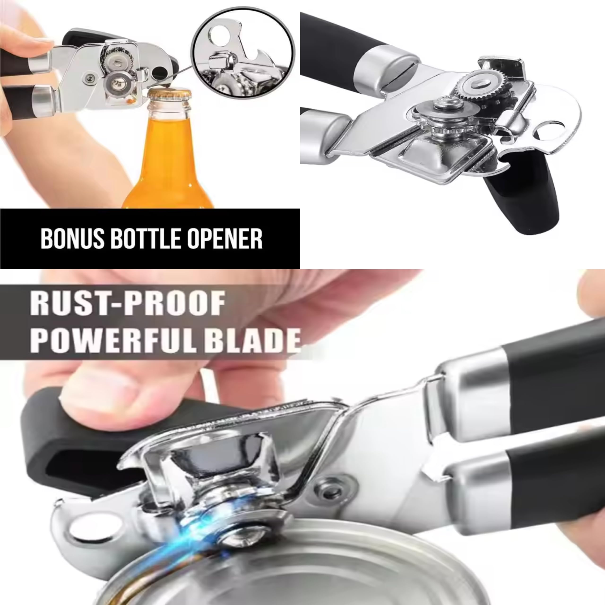 Heavy Duty Stainless Steel Smooth Edge Manual Can Opener, Bottle Opener, Rust-Proof Soft Handle, Oversized Easy Turn Knob, Multifunctional Kitchen Tool for Seniors and Kitchen Essentials, Black