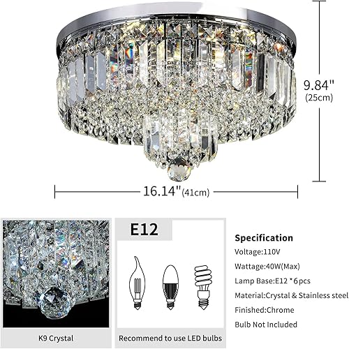 Miniatura 3 de YOVINO Candelabros de cristal de montaje empotrado, 6 luces, lámpara redonda moderna K9 cerca del techo para comedor, dormitorio, entrada, pasillo,