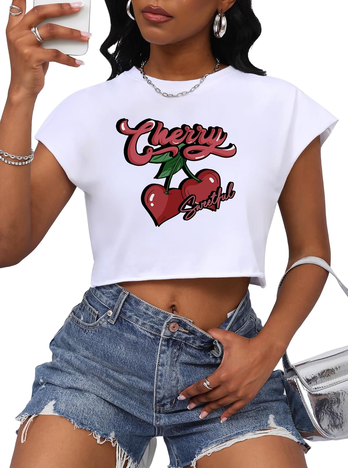 LovelyWholesale Womens Cropped Graphic Tees Cap Sleeve Tops Summer Short Sleeve T Shirts - Image 2