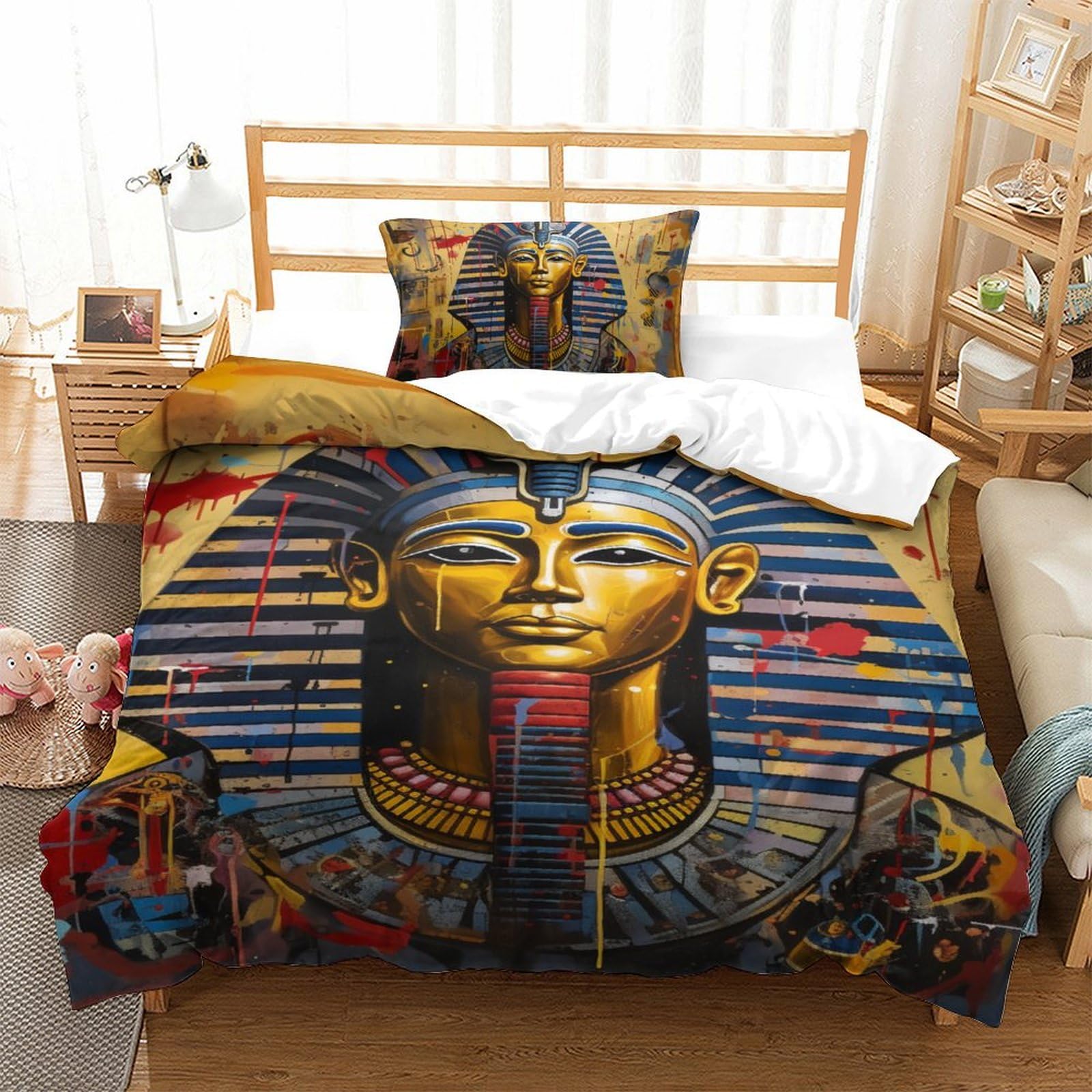 Housse de couette Pharaon impression 3D parure de lit microfine 135x200cm fermeture éclair