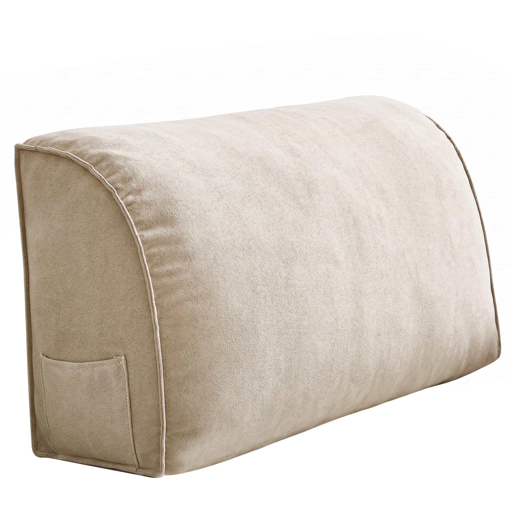 Tsawntd Lumbar Support Pillow For Couch - Curve Design Couch Cushion With Side Pocket, Luxury Linen Reading Pillow For Bed, Light Beige, 27.56x13.78x7.87inch
