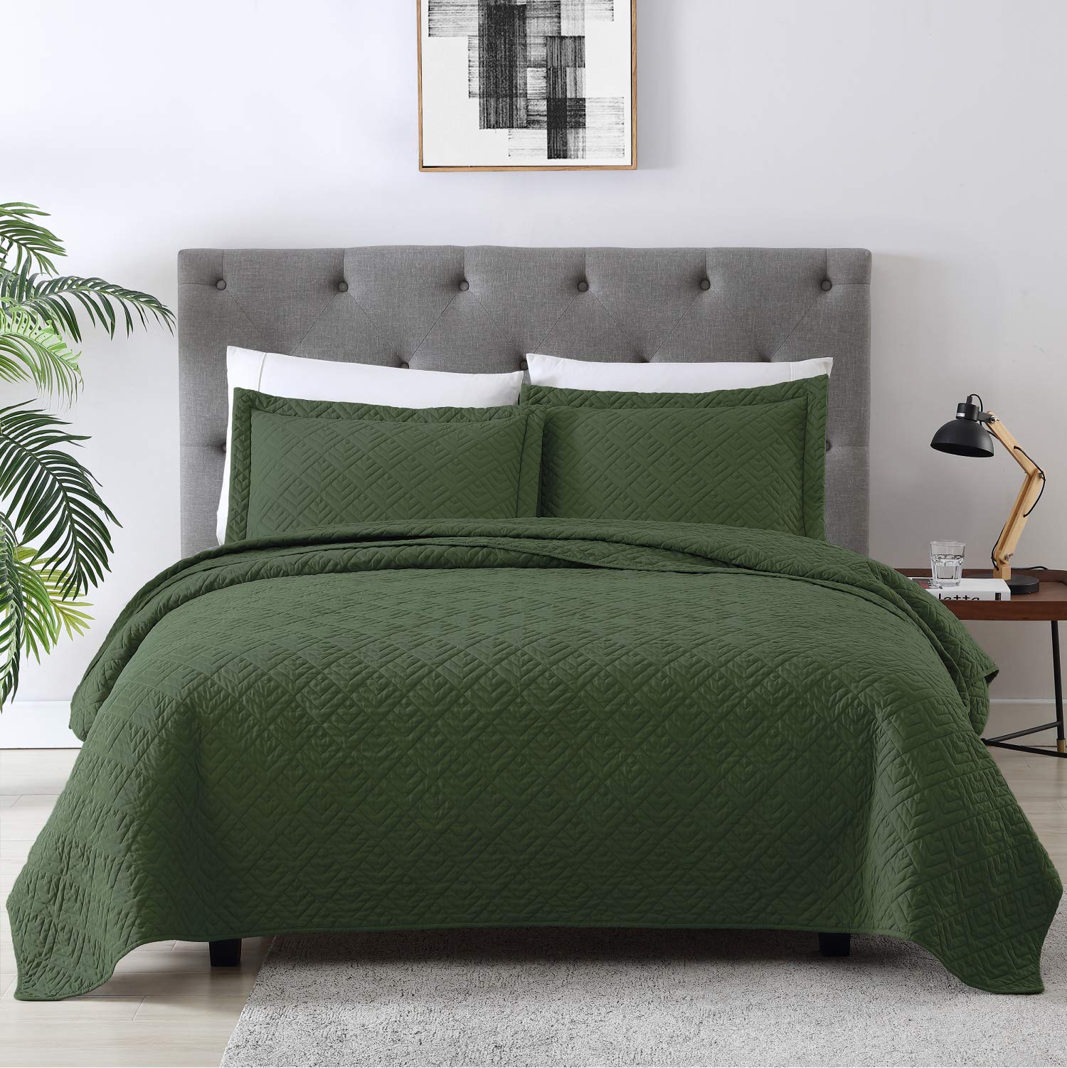 EXQ HomeQuilt Set Twin Size Olive Green 2 Piece,Lightweight Microfiber Coverlet Modern Style Squares Pattern Bedspread Set