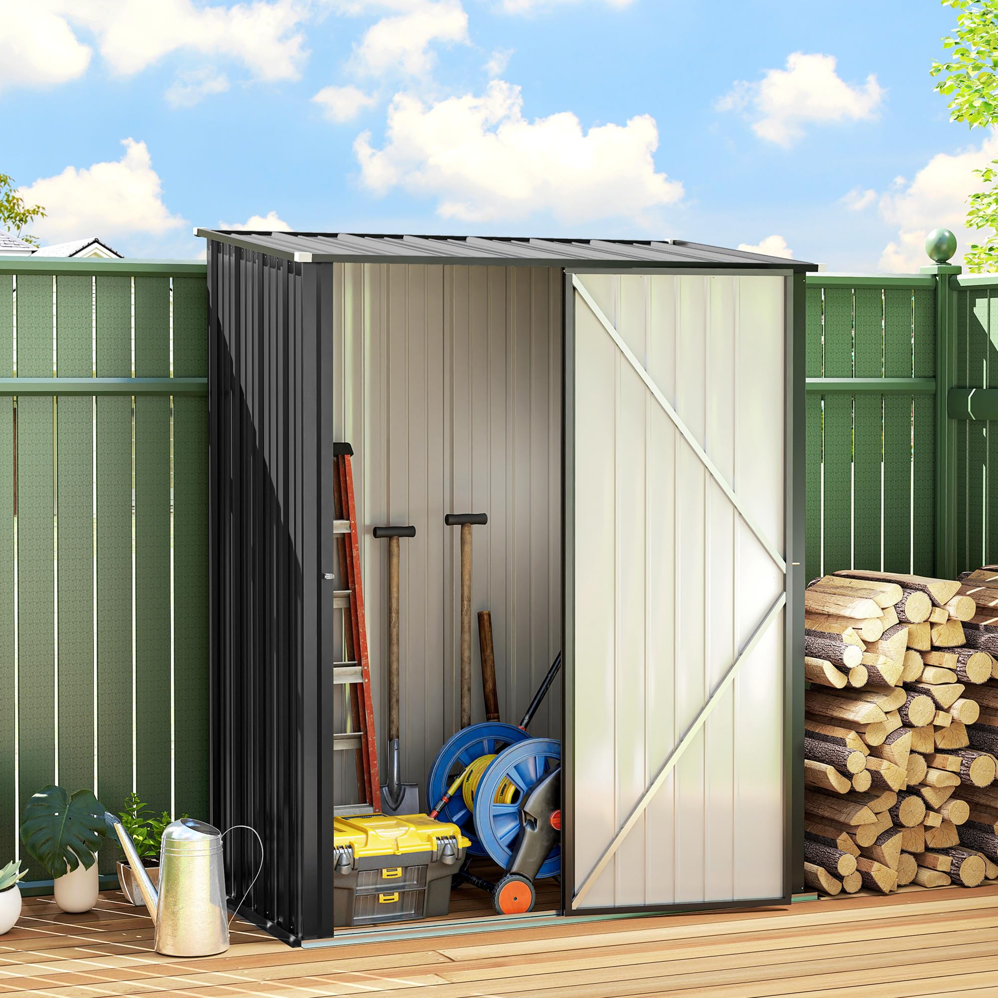 Outsunny schowek narzędziowy z dachem jednospadowym 1,34 m² – zamykany metalowy domek ogrodowy z ocynkowanej stali, czarny, 161,5 x 94,5 x 196 cm
