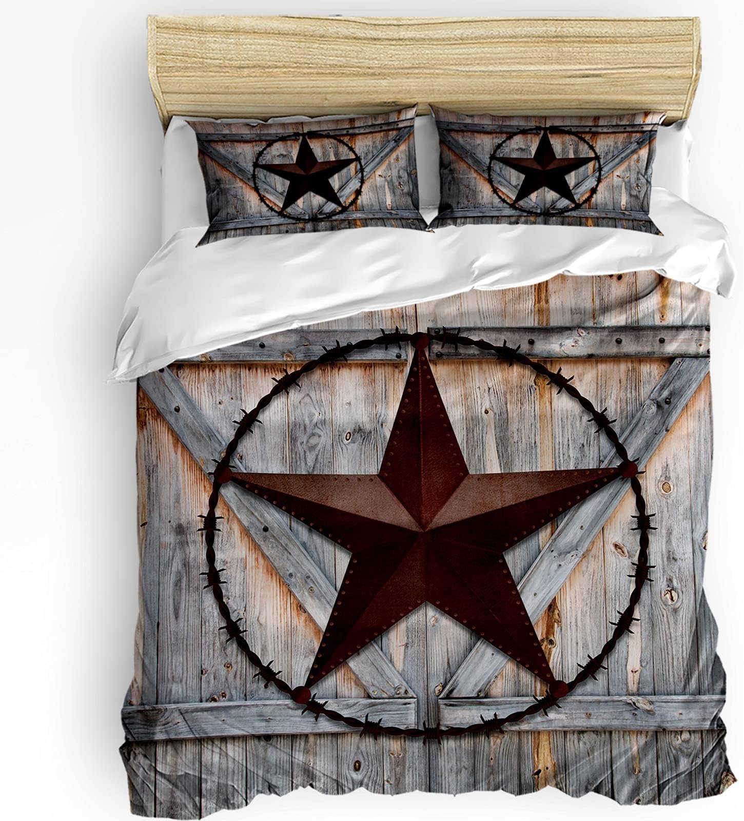 3 Piece Duvet Cover Set Cali. King Size for Adults, Boys, Girls, Lightweight and Soft Bedding, Western Texas Star Wood Door Brushed Microfiber Quilt Cover Set Rustic Retro Nature Wooden Stripes