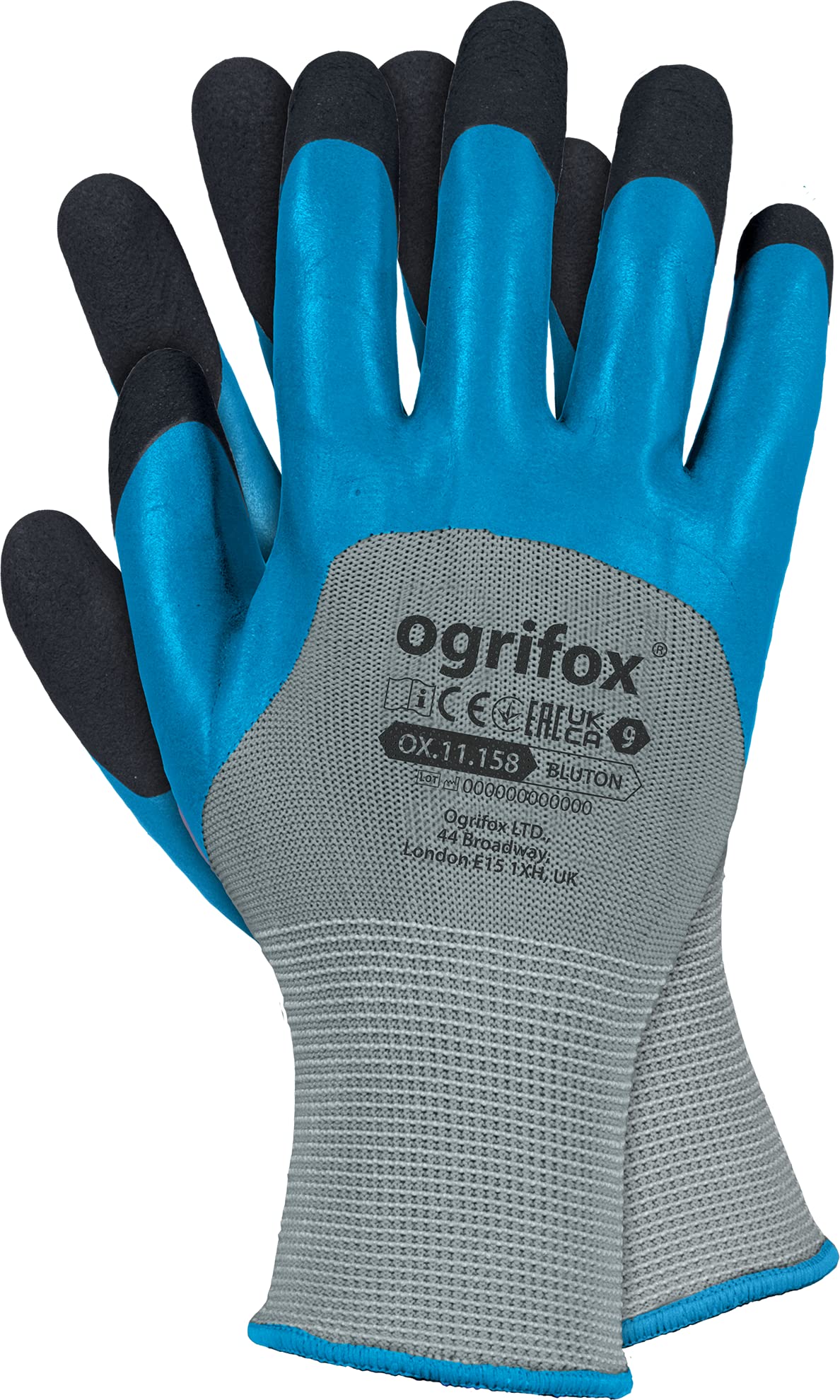 Ogrifox OX-BLUTON Ox.11.158 Lot de 120 paires de gants de protection en latex Gris/bleu/noir Taille 10