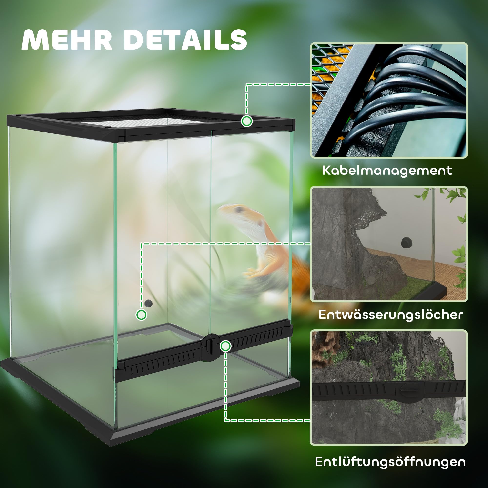 PawHut Terrarium dla gadów, pojemnik na karmienie gadów, z zabezpieczeniem przed ucieczką, wentylacja 120 l, szklane sterrarium z zarządzaniem kablami, dla płazów, metalowe, czarne, 45 x 45 x 60 cm