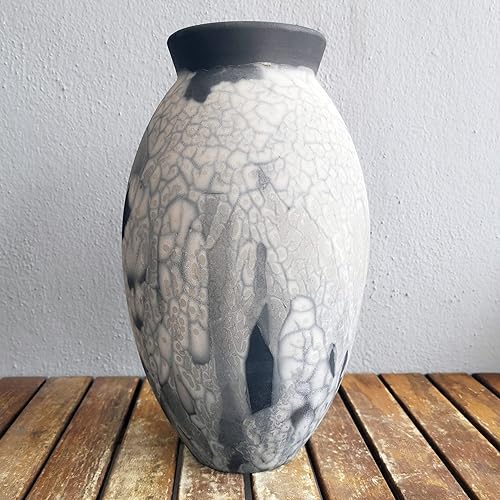 Miniatura 3 de RAAQUU Jarrón grande ovalado de cerámica ahumada Raku SN0000374 de 13.5 pulgadas, cerámica Raku hecha a mano, decoración del hogar, centro de mesa,