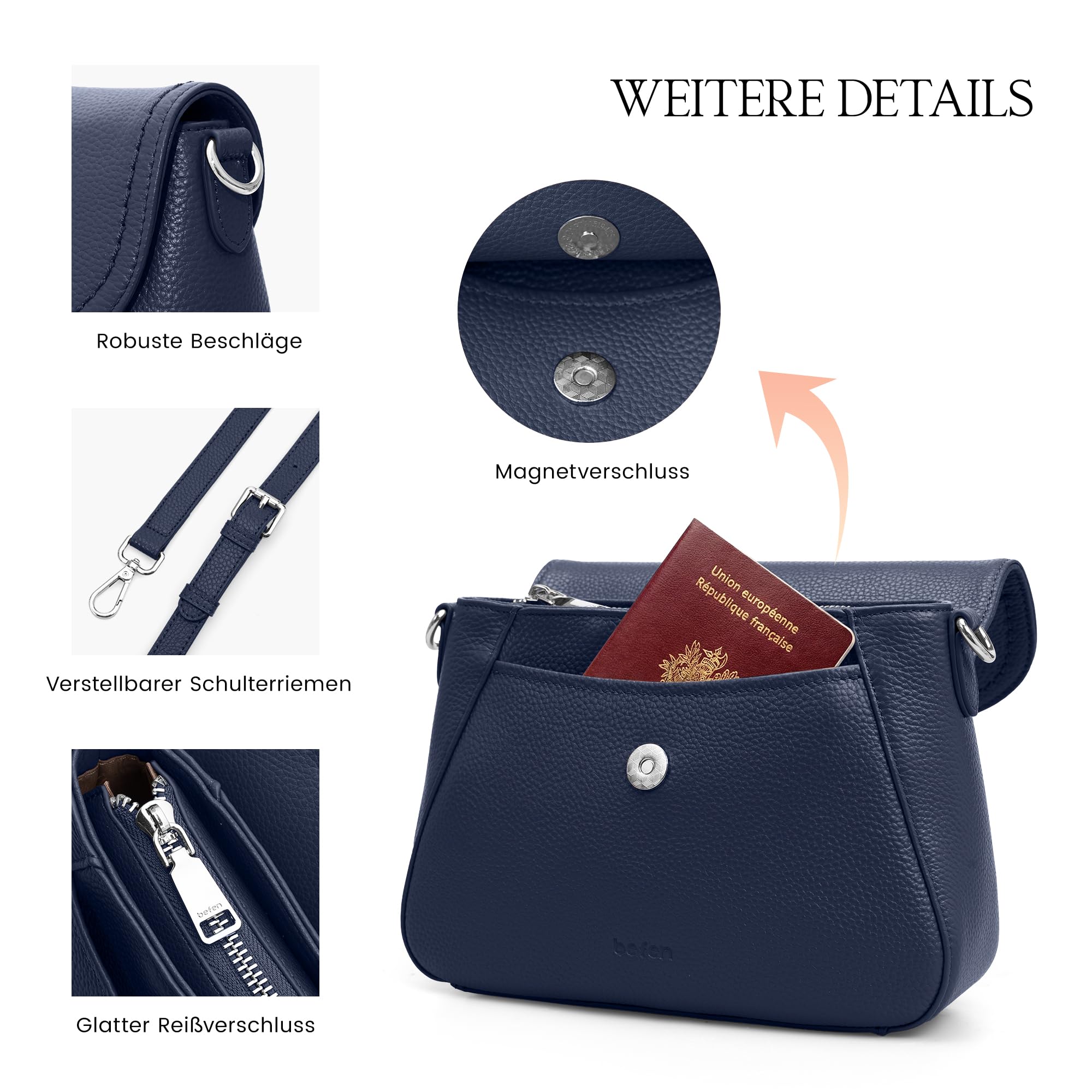 befen Echtleder Umhängetasche Damen Mittelgroß Handtasche RFID-Blockierung | Leder Crossbody Bag Klein Schultertaschen für Frauen Saddle Bag mit Verstellbar Schultergurt