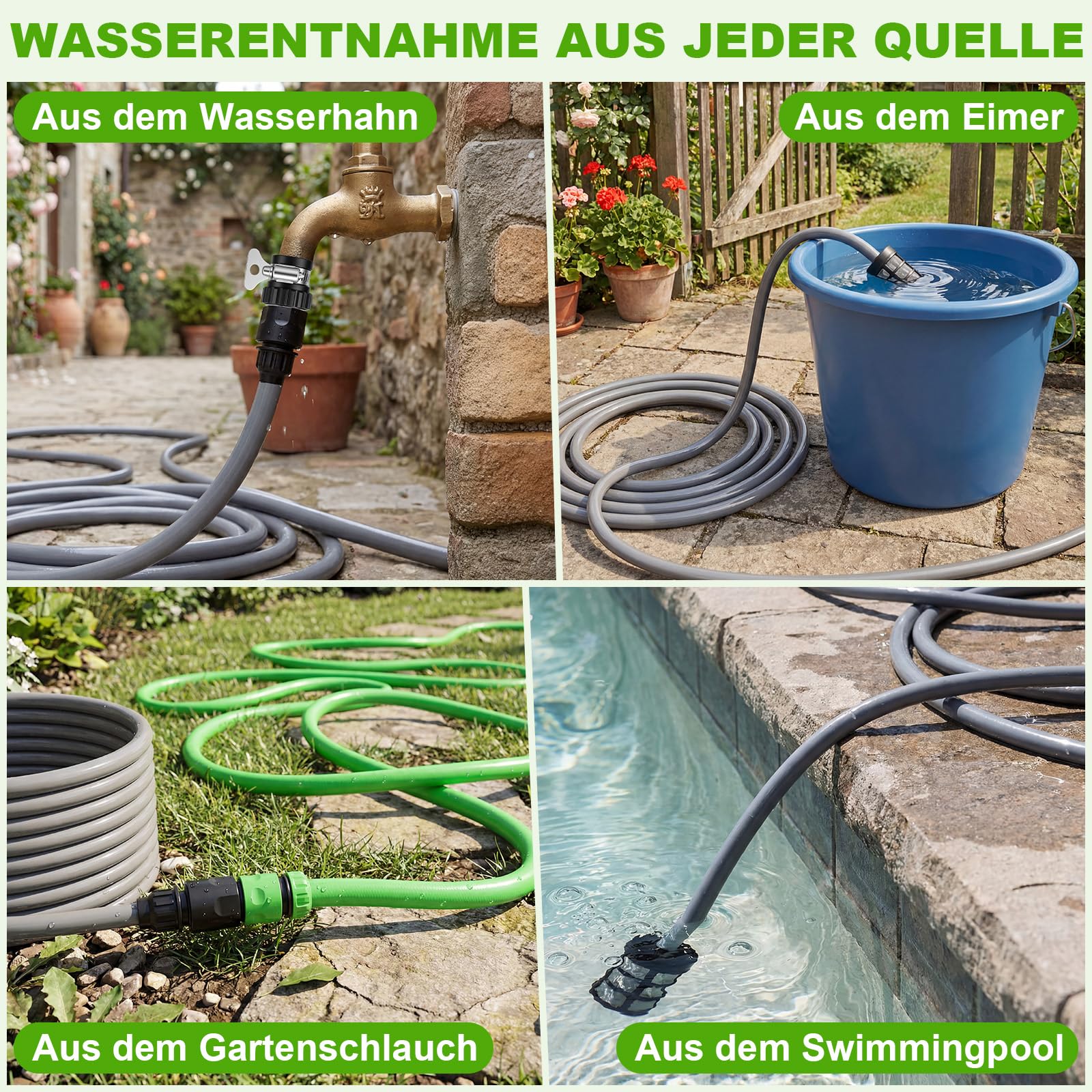 VOERJIA Akku-Hochdruckreiniger 21V 70 Bar 2x 4,0 Ah Akkus 400 L/h 6-in-1 Düse Grün